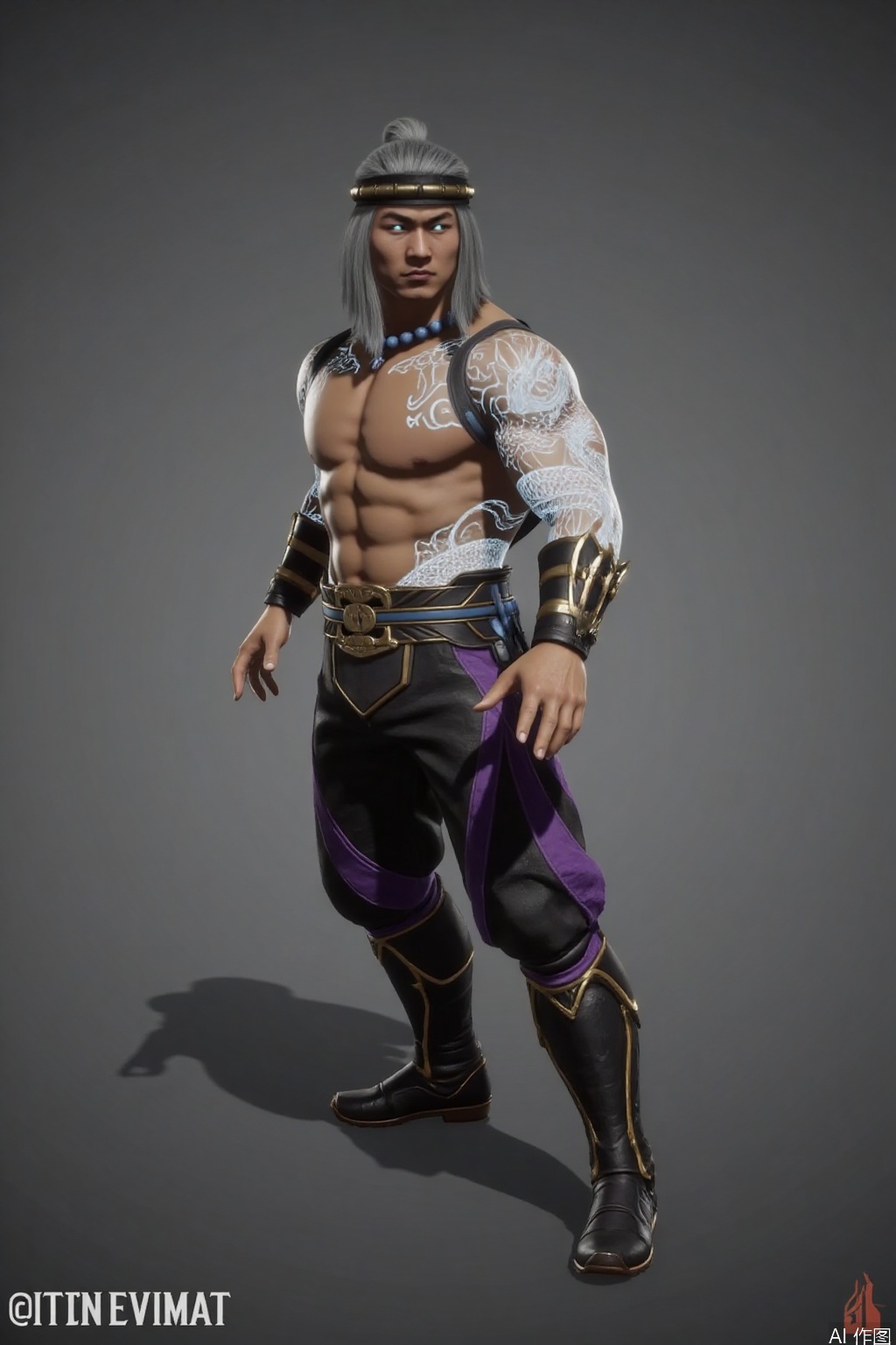 ,solo,(grey background:1.2),simple background,liu_kang,Mortal_Kombat_11,bead necklace,pearl necklace,back tattoo,white hair,topless male,pectorals,stomach tattoo,shoulder tattoo,full-body tattoo,bare pectorals,arm tattoo,glowing,beads,jewelry,blue eyes,muscular,ankle wrap,bandaged leg,tattoo,armor,choker,logo,earrings,manly,pants,necklace,belt,jewelry,wrist wrap,fire,flame,arm wrap,long hair,headband,1boy