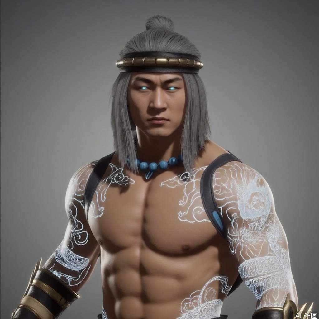 ,solo,(grey background:1.2),simple background,liu_kang,Mortal_Kombat_11,bead necklace,pearl necklace,back tattoo,white hair,topless male,pectorals,stomach tattoo,shoulder tattoo,full-body tattoo,bare pectorals,arm tattoo,glowing,beads,jewelry,blue eyes,muscular,ankle wrap,bandaged leg,tattoo,armor,choker,logo,earrings,manly,pants,necklace,belt,jewelry,wrist wrap,fire,flame,arm wrap,long hair,headband,1boy