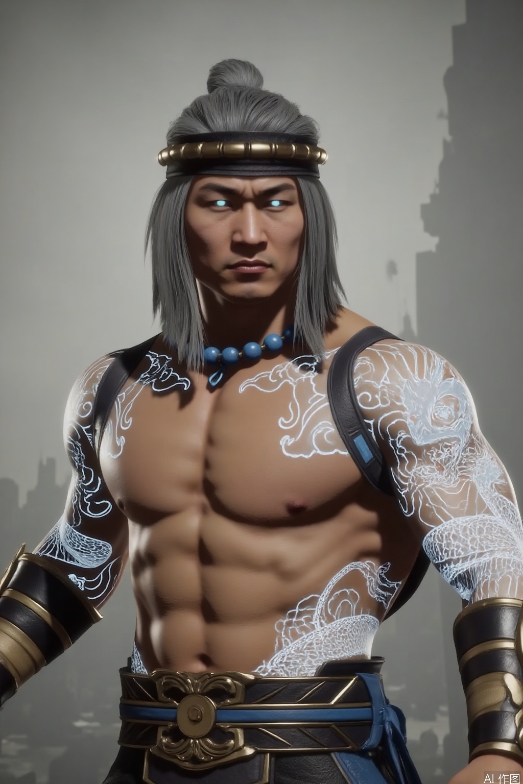 ,solo,(grey background:1.2),simple background,liu_kang,Mortal_Kombat_11,bead necklace,pearl necklace,back tattoo,white hair,topless male,pectorals,stomach tattoo,shoulder tattoo,full-body tattoo,bare pectorals,arm tattoo,glowing,beads,jewelry,blue eyes,muscular,ankle wrap,bandaged leg,tattoo,armor,choker,logo,earrings,manly,pants,necklace,belt,jewelry,wrist wrap,fire,flame,arm wrap,long hair,headband,1boy