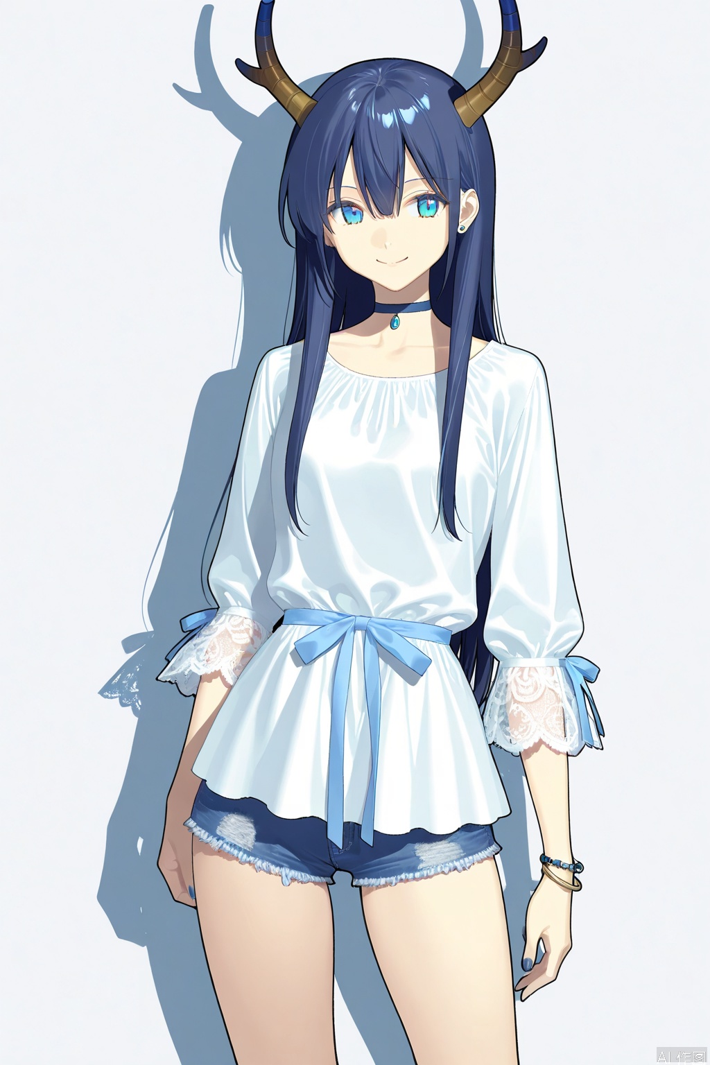 1girl,solo,dark blue hair,hair between eyes,long hair,blue dragon horns,white blouse,straight_hair,hair_downdenim_shorts,lace-trimmed_sleeves,sidelocks,bracelet,stud earrings,light blue eyes,long_sleeves,light blue ribbon,dark blue nail polish,bare_legs,cowboy_shot,choker,simple_background,standing,white_background,shadow,smile,posing,front view,