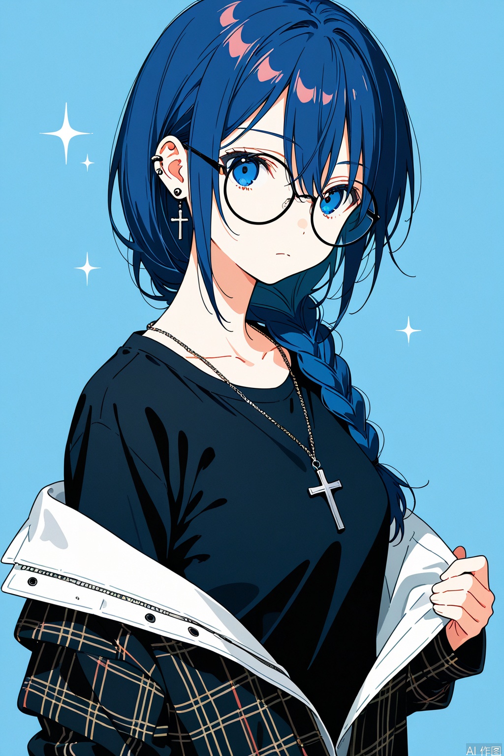 movie perspective,masterpiece,facing the lens,best quality,very aesthetic,extremely delicate and beautiful,huge filesize,amazing quality,32K UHD
blue background,1girl,black shirt,long hair,glasses,ear piercing,piercing,jacket,plaid,upper body,closed mouth,looking at viewer,simple background,sparkle,expressionless,jacket partially removed,blue eyes,single braid,blue hair,earrings,black jacket,hair between eyes,off shoulder,collarbone,round eyewear,light blue background,long sleeves,black-framed eyewear,open clothes,latin cross,frown,