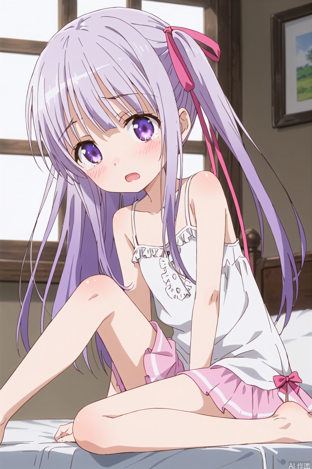 1girl, solo ,long hair, blush, ribbon twintails, purple eyes, hair ribbon, purple hair ,White dress,(Pink layered skirt:1.3),on the bed,Indoor,Window,Village,Sunshine,,shock:,blush,tear,(slim:1.5),(skinny:1.2),Thin legs,sit,One leg up, one leg down,between legs,bare feet,open the mouth,loli,camisole