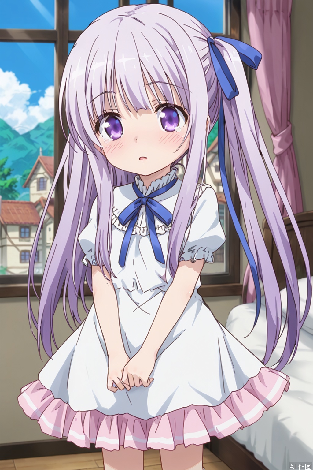 1girl, solo ,long hair, blush, ribbon twintails, purple eyes, hair ribbon, purple hair ,White dress,(Pink layered skirt:1.3),on the bed,Indoor,Window,Village,Sunshine,loli,shock:,blush,tear