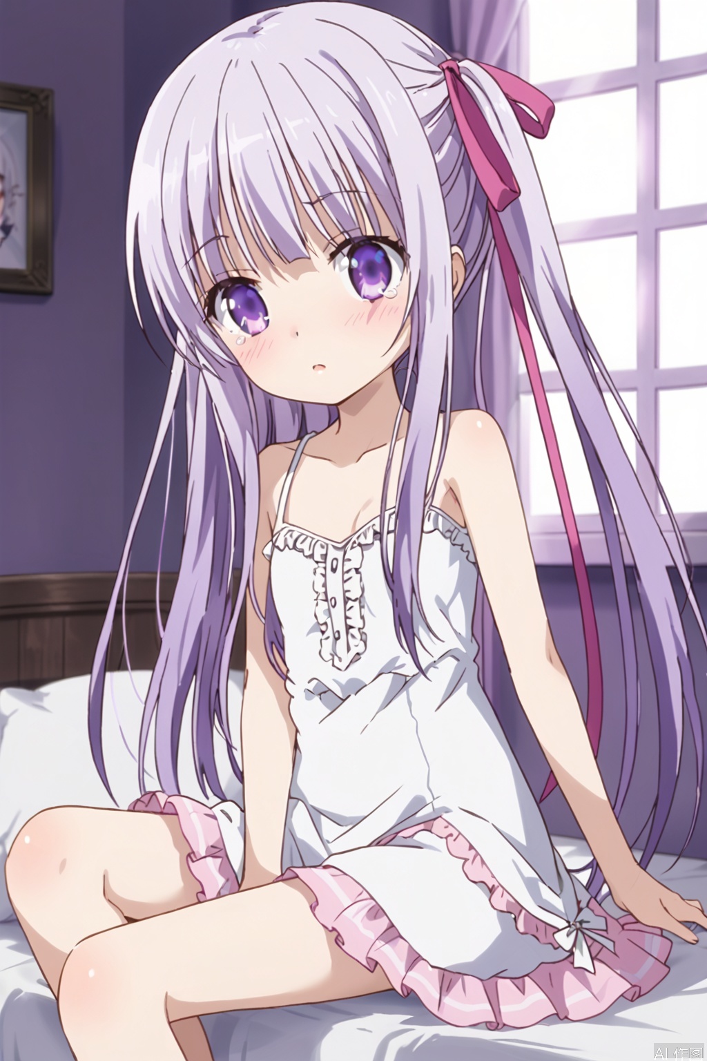 1girl, solo ,long hair, blush, ribbon twintails, purple eyes, hair ribbon, purple hair ,White dress,(Pink layered skirt:1.3),on the bed,Indoor,Window,Village,Sunshine,loli,shock:,blush,tear,(slim:1.5),(skinny:1.2),Thin legs,sit,One leg up, one leg down,between legs