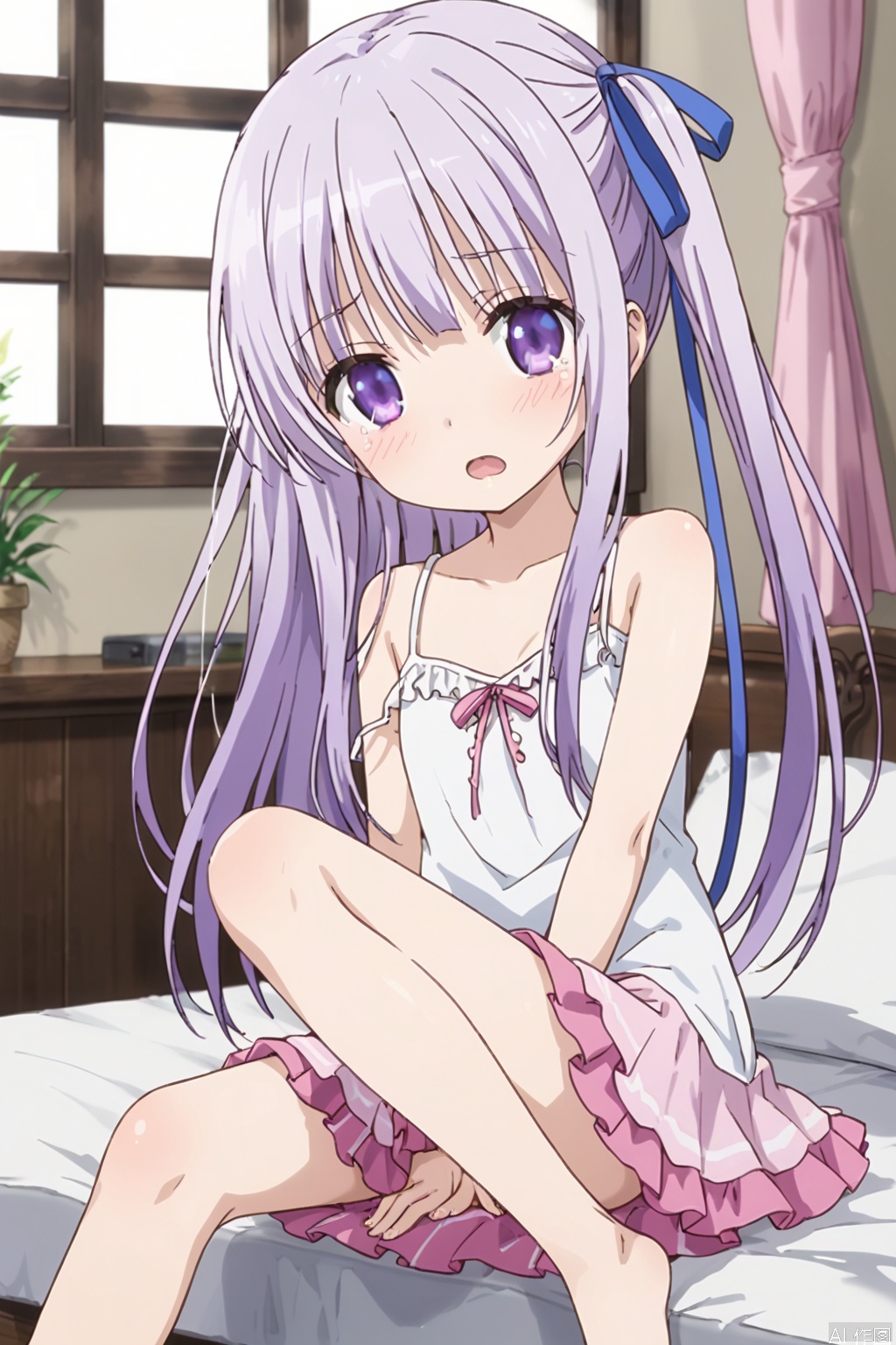 1girl, solo ,long hair, blush, ribbon twintails, purple eyes, hair ribbon, purple hair ,White dress,(Pink layered skirt:1.3),on the bed,Indoor,Window,Village,Sunshine,,shock:,blush,tear,(slim:1.5),(skinny:1.2),Thin legs,sit,One leg up, one leg down,between legs,bare feet,open the mouth,loli,camisole