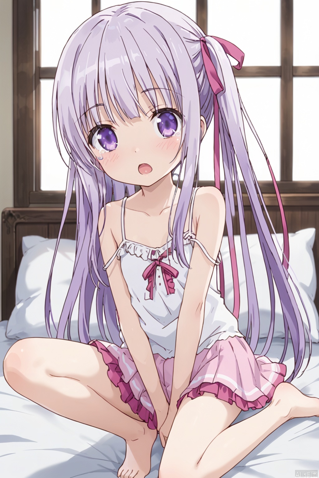 1girl, solo ,long hair, blush, ribbon twintails, purple eyes, hair ribbon, purple hair ,White dress,(Pink layered skirt:1.3),on the bed,Indoor,Window,Village,Sunshine,,shock:,blush,tear,(slim:1.5),(skinny:1.2),Thin legs,sit,One leg up, one leg down,between legs,bare feet,open the mouth,loli,camisole