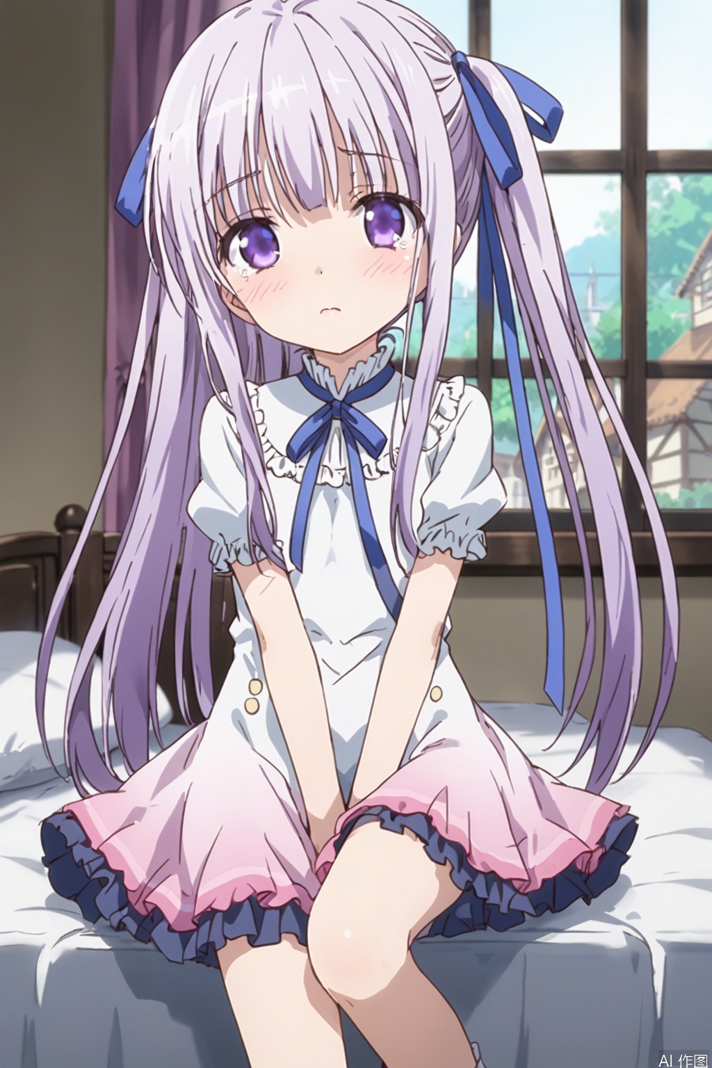 1girl, solo ,long hair, blush, ribbon twintails, purple eyes, hair ribbon, purple hair ,White dress,(Pink layered skirt:1.3),on the bed,Indoor,Window,Village,Sunshine,,shock:,blush,tear,(slim:1.5),(skinny:1.2),Thin legs,sit,One leg up, one leg down,between legs