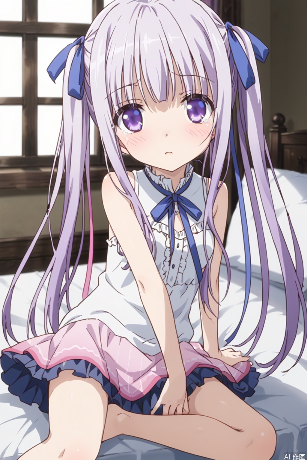 1girl, solo ,long hair, blush, ribbon twintails, purple eyes, hair ribbon, purple hair ,White dress,(Pink layered skirt:1.3),on the bed,Indoor,Window,Village,Sunshine,,shock:,blush,tear,(slim:1.5),(skinny:1.2),Thin legs,sit,One leg up, one leg down,between legs,bare feet