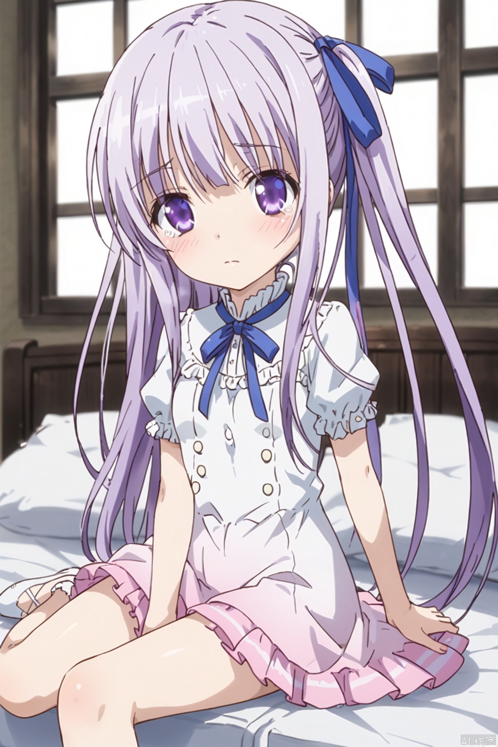 1girl, solo ,long hair, blush, ribbon twintails, purple eyes, hair ribbon, purple hair ,White dress,(Pink layered skirt:1.3),on the bed,Indoor,Window,Village,Sunshine,,shock:,blush,tear,(slim:1.5),(skinny:1.2),Thin legs,sit,One leg up, one leg down,between legs