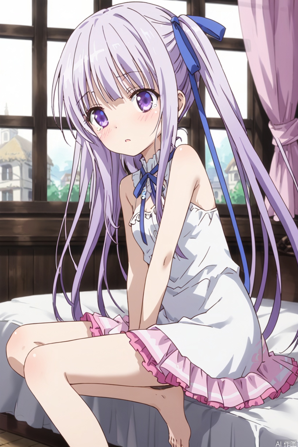 1girl, solo ,long hair, blush, ribbon twintails, purple eyes, hair ribbon, purple hair ,White dress,(Pink layered skirt:1.3),on the bed,Indoor,Window,Village,Sunshine,,shock:,blush,tear,(slim:1.5),(skinny:1.2),Thin legs,sit,One leg up, one leg down,between legs,bare feet