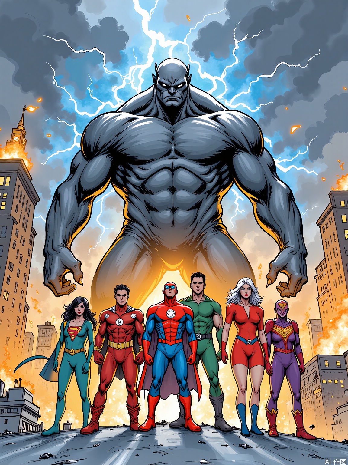 ETHB, A vibrant, marker and ink drawing in a bold, graphic novel style. A team of superheroes, each with their own unique powers and costumes, stand together on a rooftop, looking out over a city in peril. The city is filled with flames and smoke, and a giant monster looms in the distance. The superheroes' faces are determined and brave, and they strike dynamic poses, ready to fight. The background is a dark, stormy gray, with lightning flashing in the sky. The mood is one of urgency and heroism.