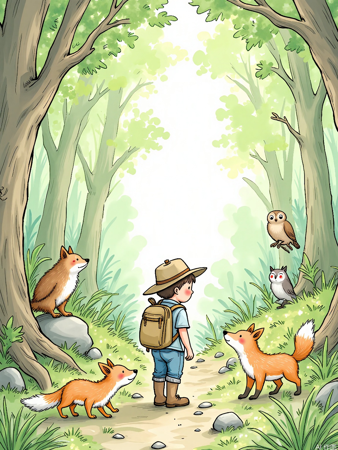 ETHB, A charming, watercolor and ink illustration in a gentle, storybook style. A young boy with a backpack and a wide-brimmed hat explores a magical forest, filled with talking animals and strange creatures. He follows a path of glowing stones, and along the way, he meets a friendly fox, a wise old owl, and a mischievous squirrel. The forest is filled with vibrant colors and hidden wonders, and the boy's eyes are wide with excitement. The background is a soft, dappled green, representing the lushness of the forest. The scene is one of adventure and discovery, capturing the magic of childhood exploration.