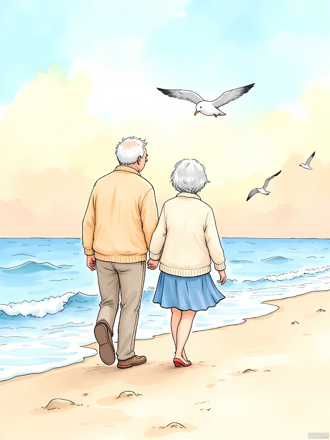 ETHB, A gentle, watercolor and pencil illustration in a soft, nostalgic style. An elderly couple, holding hands and wearing matching sweaters, walks along a sandy beach at sunset. The waves lap gently at their feet, and seagulls fly overhead. The sky is painted in hues of orange and pink, and the couple's faces are filled with love and contentment. The background is a simple, muted blue, representing the vastness of the ocean. The scene is peaceful and romantic, capturing the beauty of a lifelong bond.