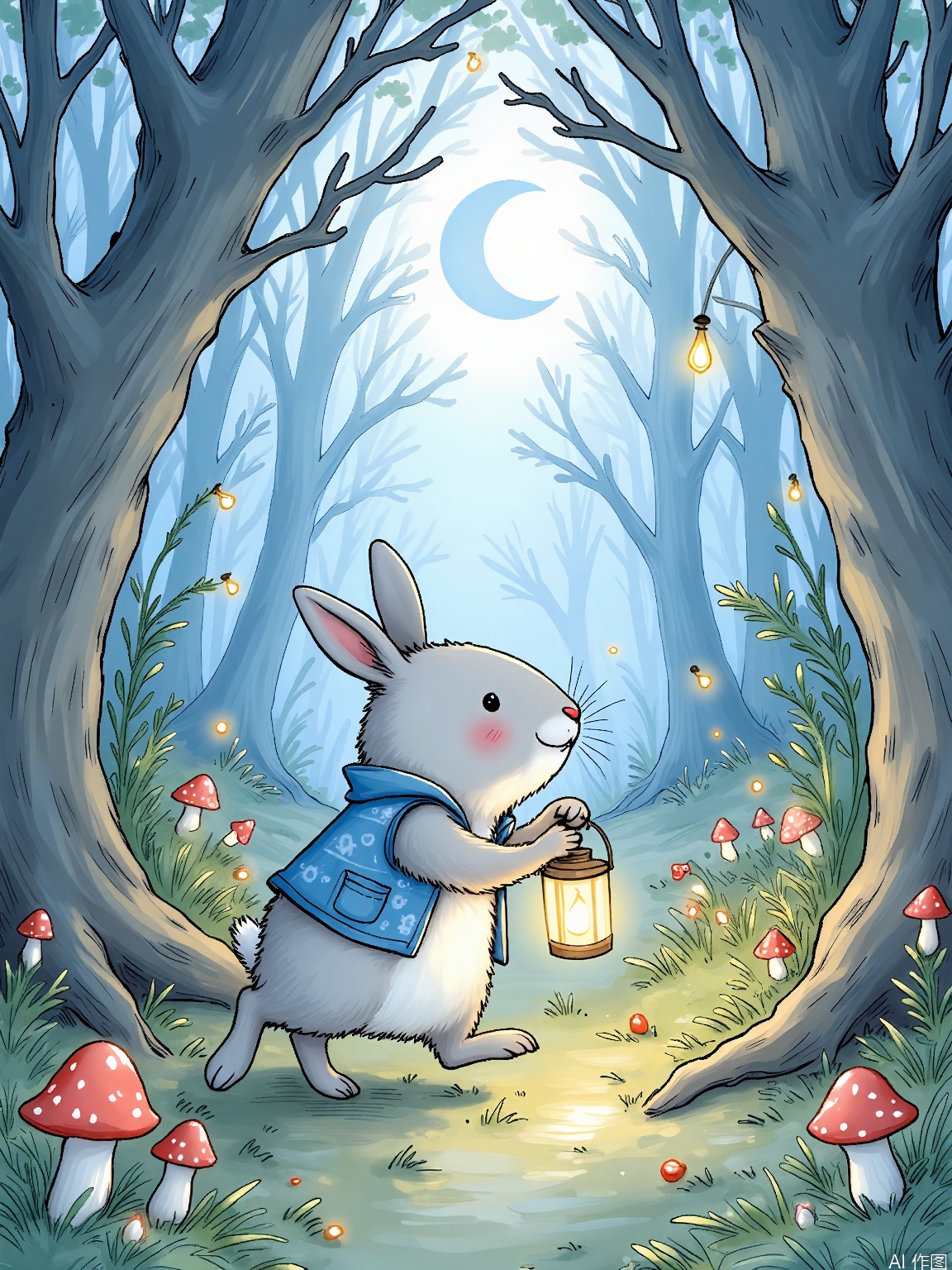 ETHB, A dreamy, watercolor painting in a soft, whimsical style. A small rabbit with fluffy gray fur, wearing a blue vest and holding a tiny lantern, hops through a misty forest filled with ancient trees and glowing mushrooms. The air shimmers with fireflies, and above, a crescent moon casts a silvery glow. The rabbit's eyes sparkle with excitement as it discovers a hidden path. The scene is serene and enchanting, inviting the viewer into a world of secrets and discovery.

