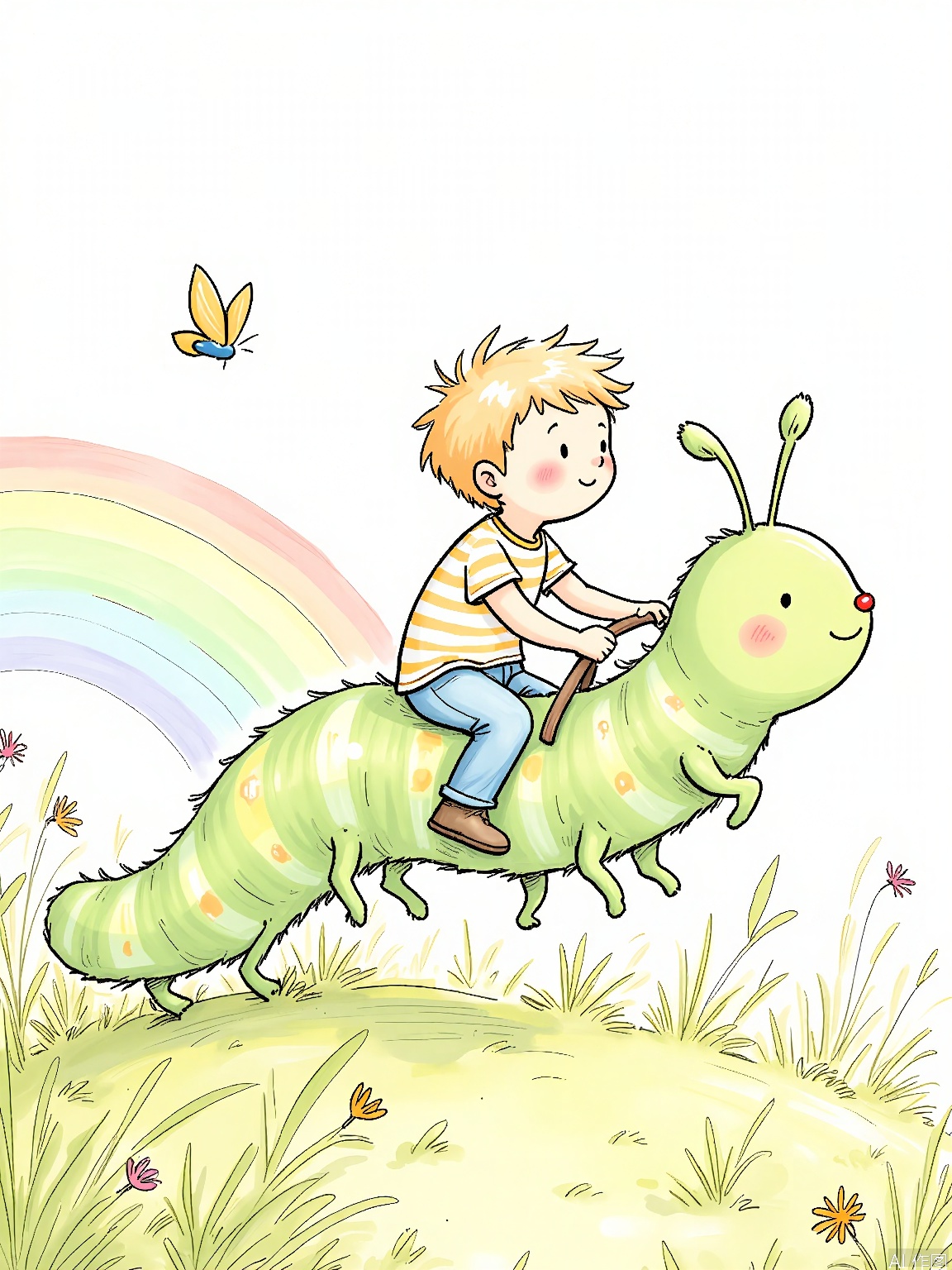 ETHB, A charming, pencil sketch in a gentle, storybook style. A young boy with tousled blond hair and a striped shirt rides a giant, friendly caterpillar through a sunlit meadow. The caterpillar's body is adorned with polka dots and its antennae wave happily. Butterflies flutter around them, and in the distance, a rainbow arches over a hill. The boy's face is alight with joy as he holds onto the caterpillar's antennae. The scene is idyllic and peaceful, capturing the innocence of childhood.
