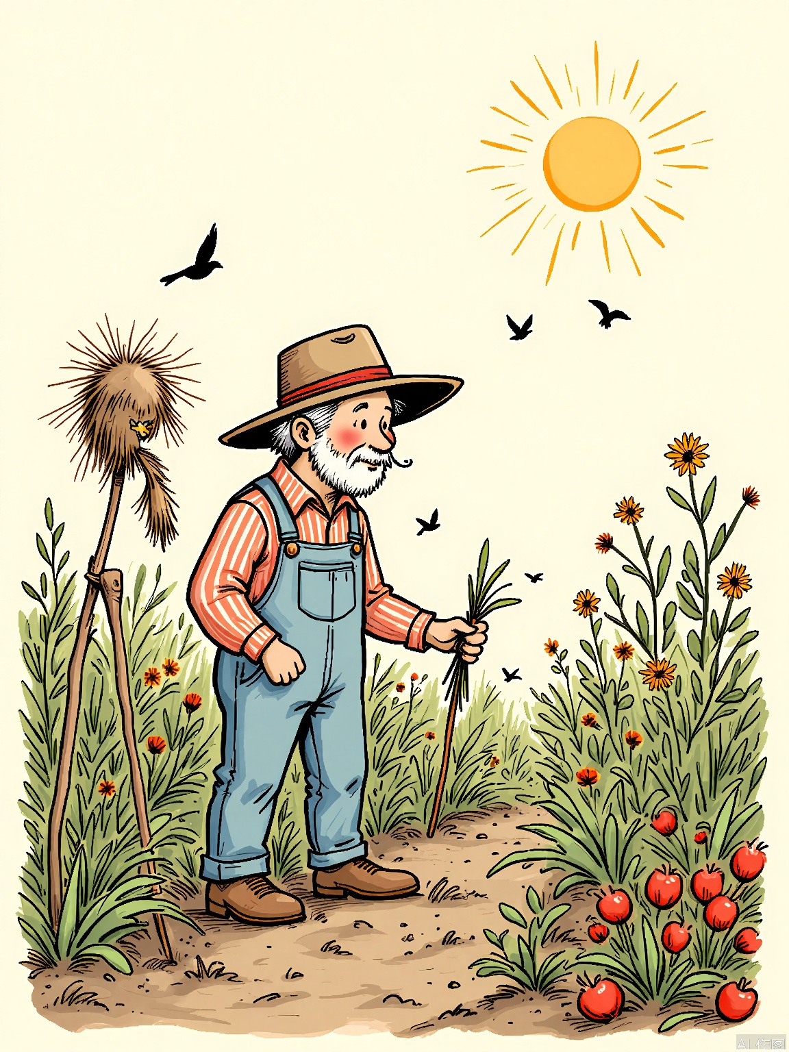 ETHB, A charming, linocut print in a rustic, folk art style. A farmer with a wide-brimmed hat and overalls tends to his garden, filled with rows of vegetables and flowers. A friendly scarecrow stands guard in the corner, and a flock of birds flies overhead. The sun shines brightly, and the farmer's face is weathered but kind. The background is a simple, earthy brown, representing the soil and the hard work of farming. The mood is one of contentment and simplicity.