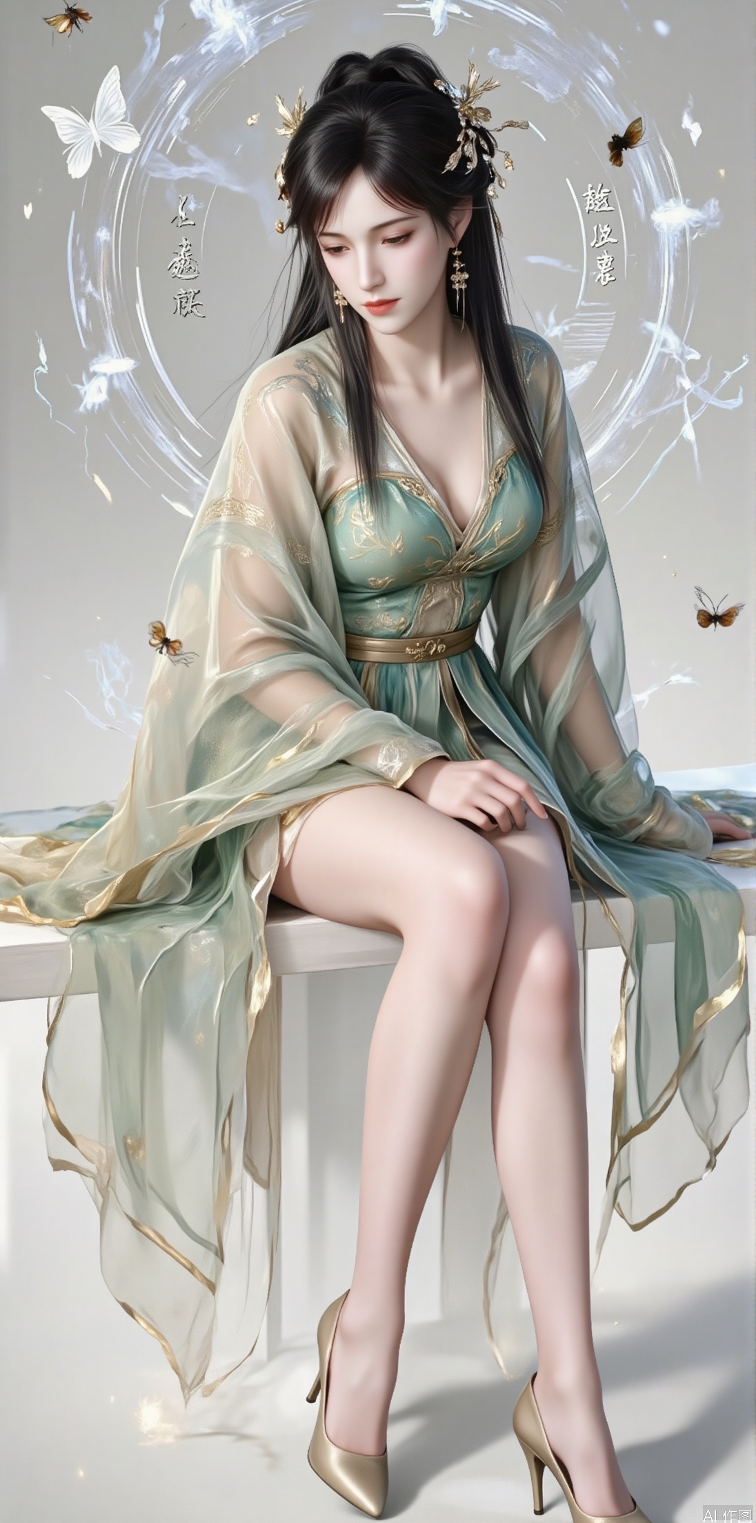 1girl, solo, long hair, looking at viewer, black hair, hair ornament, thighhighs, dress, sitting, closed mouth, full body, teeth, high heels, chinese clothes, bug, butterfly, green dress, chinese text,jinghongzy