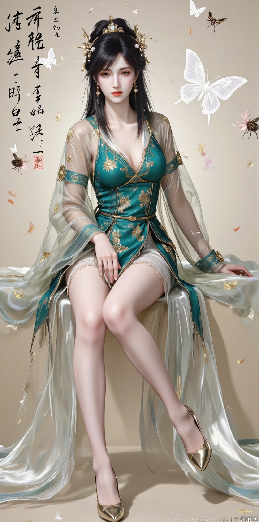 1girl, solo, long hair, looking at viewer, black hair, hair ornament, thighhighs, dress, sitting, closed mouth, full body, teeth, high heels, chinese clothes, bug, butterfly, green dress, chinese text,jinghongzy