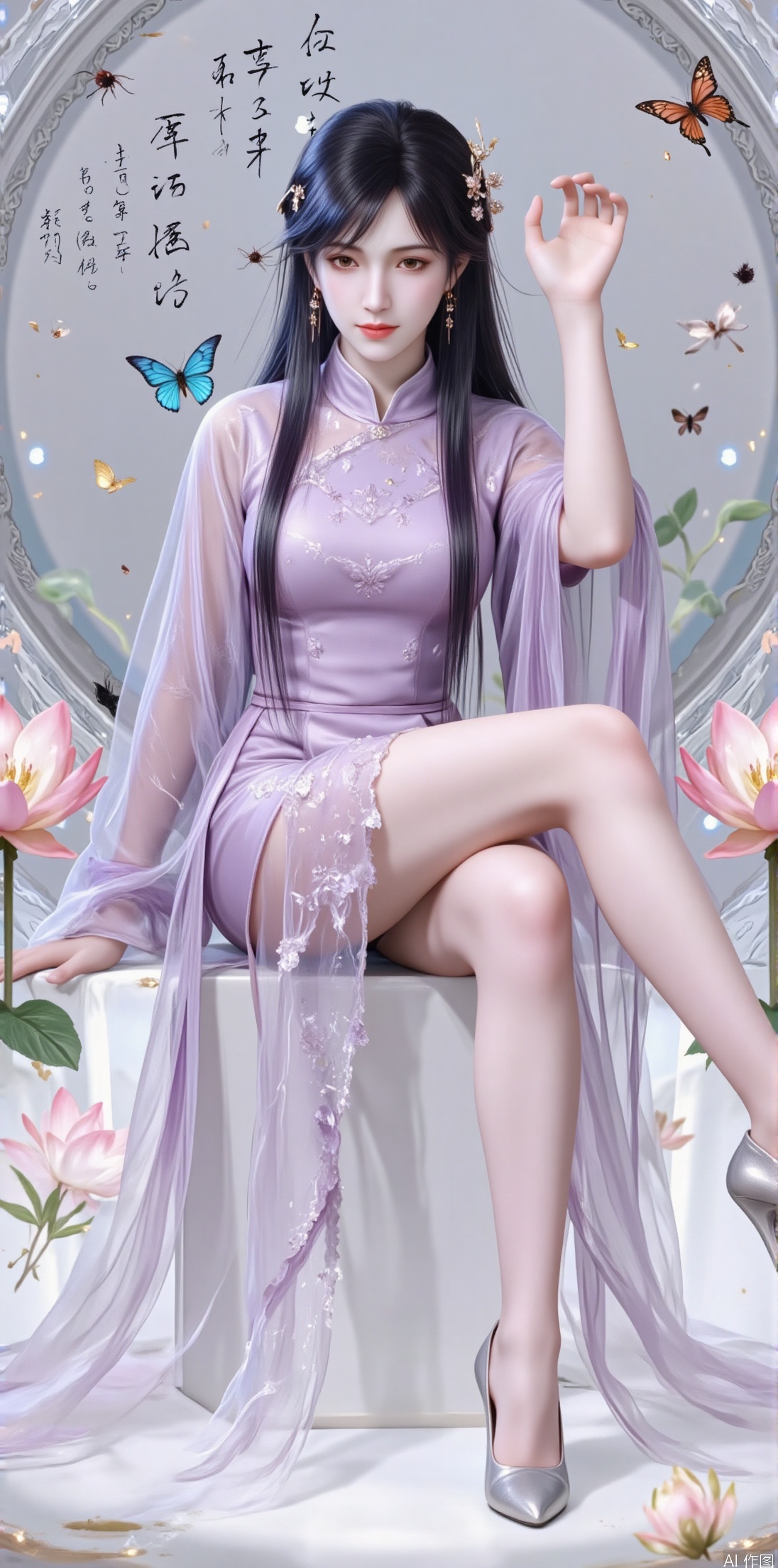 1girl, solo, long hair, looking at viewer, black hair, hair ornament, thighhighs, dress, sitting, closed mouth, full body, teeth, high heels, chinese clothes, bug, butterfly, purple dress, chinese text,jinghongzy