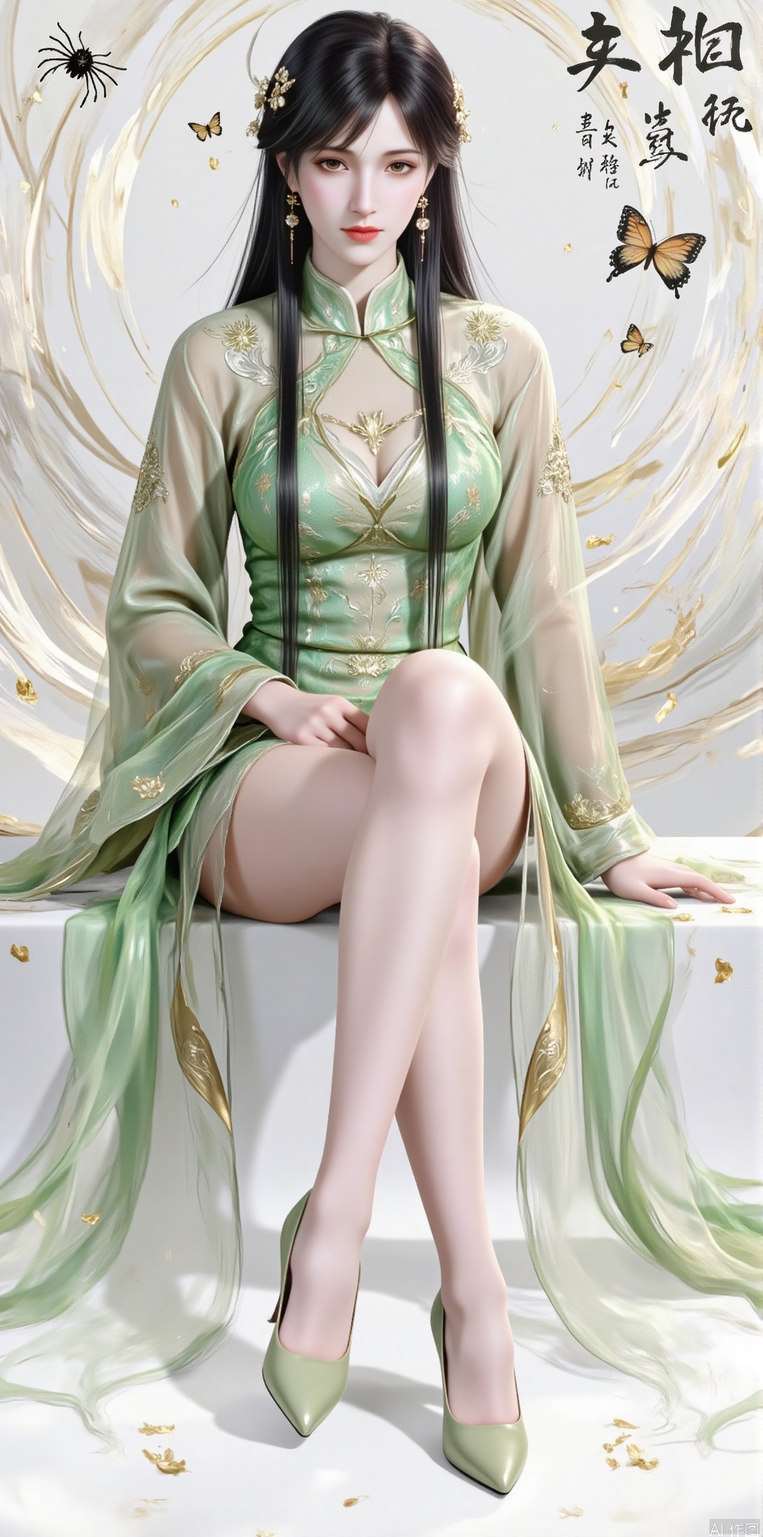 1girl, solo, long hair, looking at viewer, black hair, hair ornament, thighhighs, dress, sitting, closed mouth, full body, teeth, high heels, chinese clothes, bug, butterfly, green dress, chinese text,jinghongzy