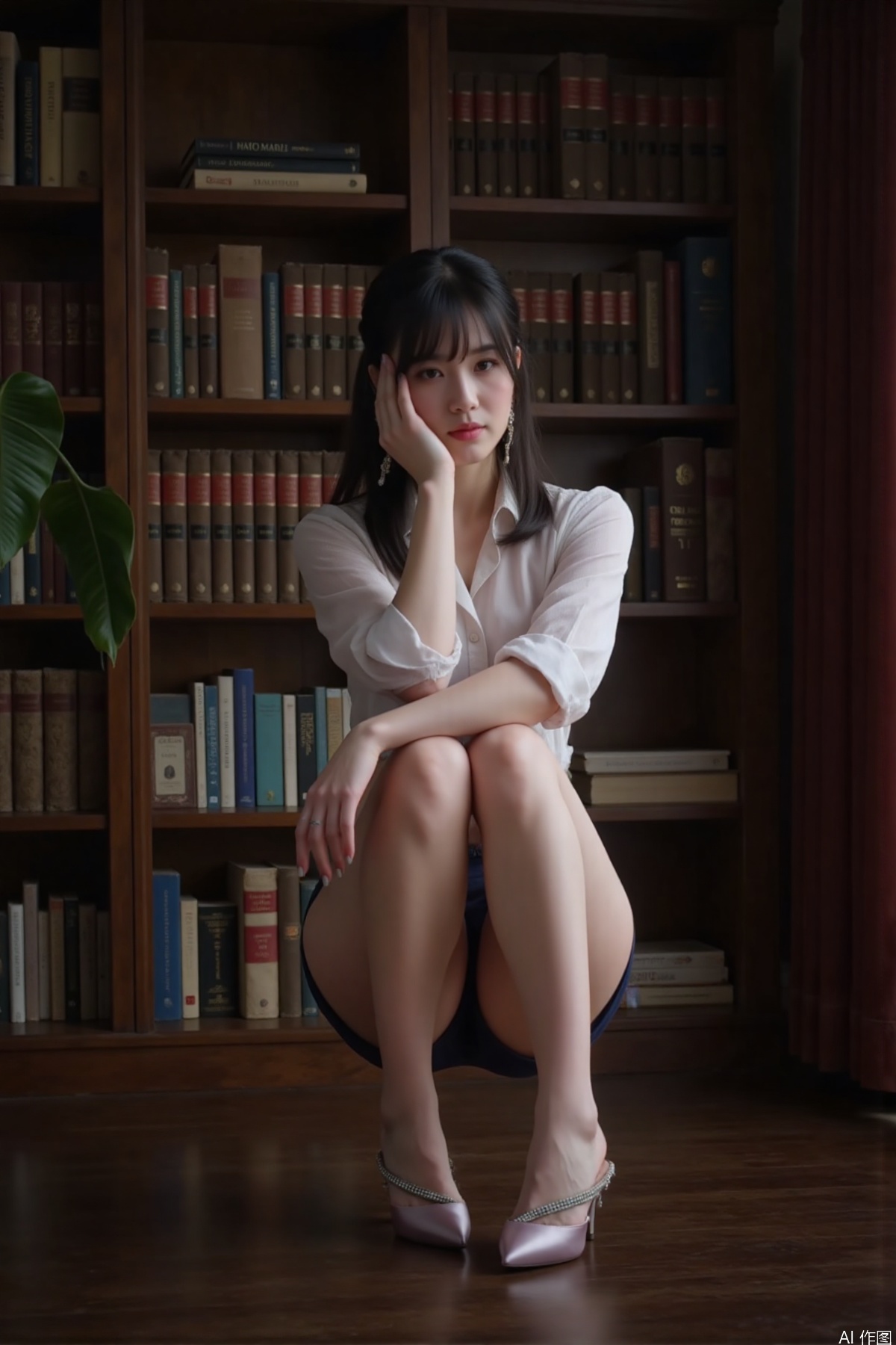A young woman, sits in a dimly lit library, surrounded by bookshelves filled with a vast array of literature. Her face is obscured, adding an air of mystery to the scene. Huluwa is dressed in a professional outfit, consisting of a white blouse and a navy blue skirt. A deep white color accents her lower extremities.

her hands are positioned in a manner that draws attention to her intimate area, creating a sense of intimacy and vulnerability. Her gaze is downward, as if lost in thought, adding to the enigmatic atmosphere of the image.

The overall mood of the photograph is one of quiet contemplation, juxtaposed with the vibrant colors and textures of the library, which serves as a backdrop to Huluwa's introspective pose. The image raises questions about the subject's intentions, emotions, and the context in which she is situated.(provocative M-legs squat:1.6), (sumo squat position:1.5), 
(legs spread wide:1.4), (thighs spread exposing crotch:1.3), 
(bent knees at 45-degree angles:1.2), 
high-waisted shorts, (latex texture:1.4), gradient transparency stockings, 
(zettai ryouiki system:1.6) with liquid metal reflections, 
asymmetrical jacket with bioluminescent piping(580nm wavelength), 
(kinetic chain accessories:1.4)(swinging pendulum waist ornament), 
(breast physics:1.3)(large breasts with lace texture collision), 
low-angle perspective distortion, (legs extending toward camera:1.5), 
(forced perspective:1.3)(foreshortened thighs:1.2), 
(blurred face:1.2)(sharp focus on legs:1.6), 
(high-heel arch emphasis:1.4)(toes pointed outward:1.3), 
(ambient occlusion:1.2)(rim lighting:1.4), 
(hyperrealistic skin shader:1.5)(subsurface scattering:1.3), 
(compositional tension:1.4)(triangular framing by legs:1.5)
(huge breasts:1.5)(art deco garter system:1.6) with 
(pearl-encrusted chains:1.5) mimicking 
(cheongsam frog buttons:1.4), 
(movable enamel nightingale pendants:1.3) 
trailing (silk thread tassels:1.2), 
(opal inlay:1.4) glowing with 
(vintage neon effect:1.3) in golden hues