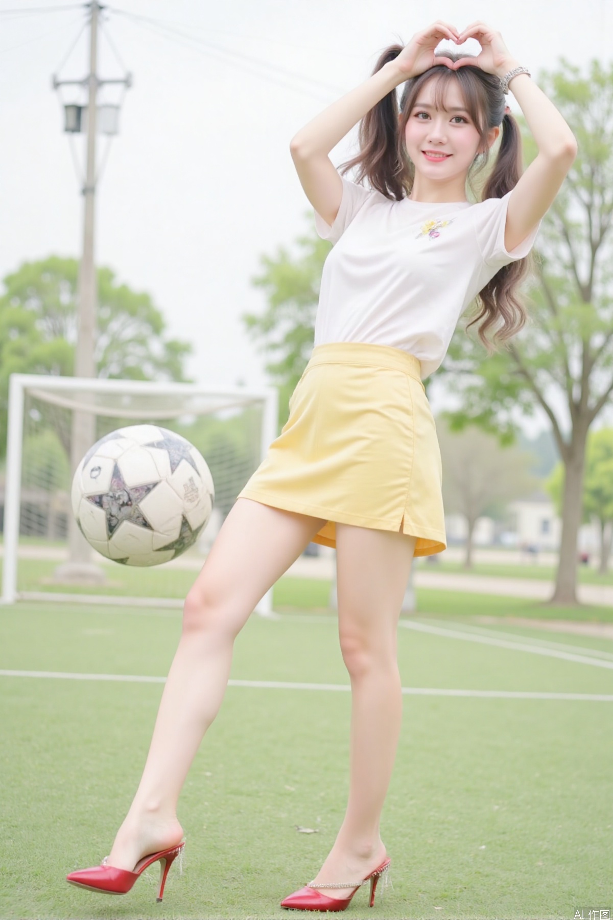 : "1girl,black red hair,yellow dress， school_uniform, miniskirt,t_shirt
(dynamic leg stretch:0.8), (red highheels:1.6),
), (leg muscle definition:1.6),
(sunlit legs:0.6), (blonde twintails:1.3),
((low angle仰拍:1.8)), ((shallow depth of field:1.9)),
((soft grass background:1.6)), ((subtle sweat shine:1.7)),
cheerful expression, heart hands  on head,
vibrant colors, realistic skin ,
cinematic lighting, particle effects,
football
(full_body:1.5)
from side