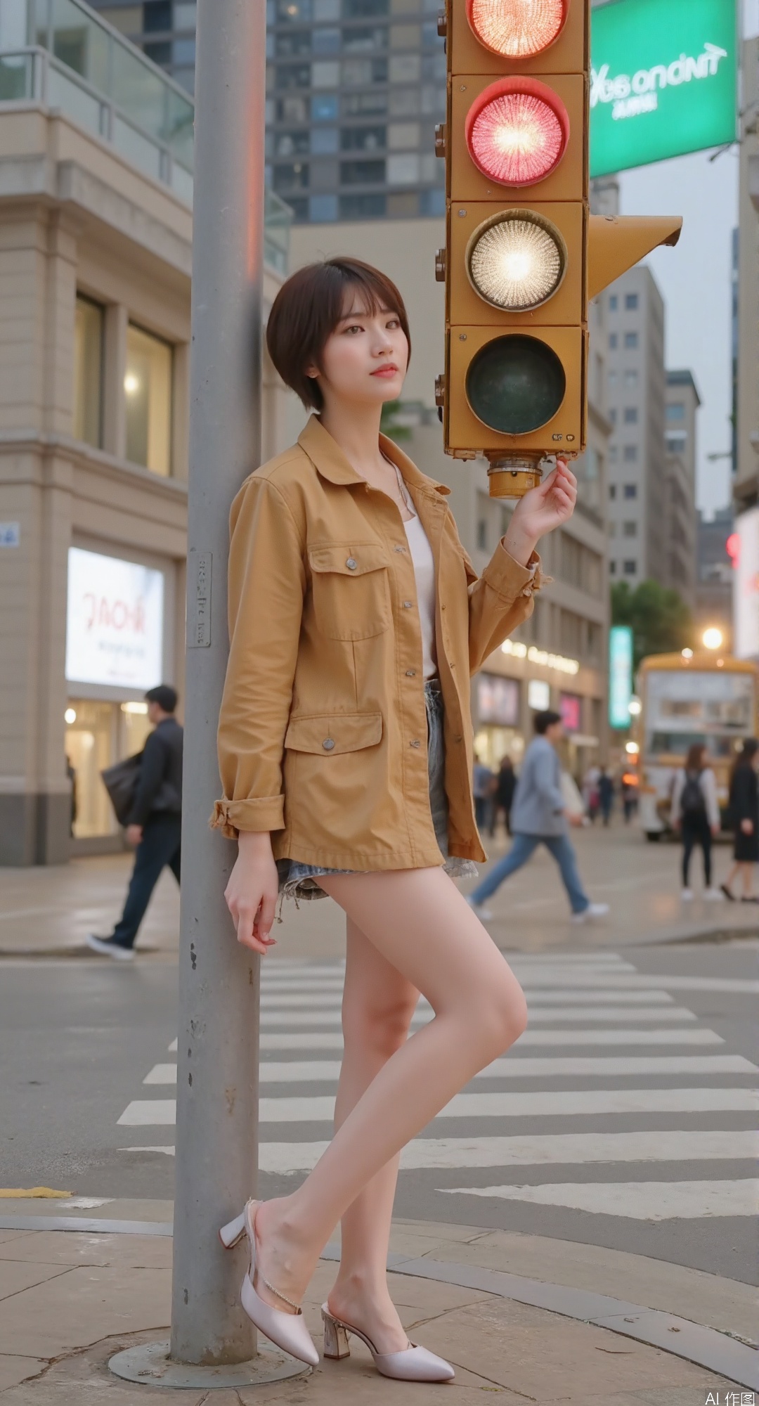 1girl, solo, near traffic signal structure, short angular hairstyle, bright eyes (face softly defocused), mustard utility jacket, legs casually crossed,highheels, tri-color signal system, bustling urban scene, pedestrians crossing, warm streetlamps, building signage, distant transit vehicle, professional artwork, premium quality, dynamic lighting, mild chromatic effects, fair skin tone, balanced composition, detailed rendering, realistic textures, (aestivation:0.2), (nasii:0.2), (toosaka asagi:0.2), (atdan:0.2), (quasarcake:0.6), (iumu:0.6), (wlop:0.6), 96YOTTEA, Konya Karasue, //, focal point legs, soft shadowing, city background blur, cinematic colors, natural highlights, advanced lighting, 8K, HDR，face slightly blurry