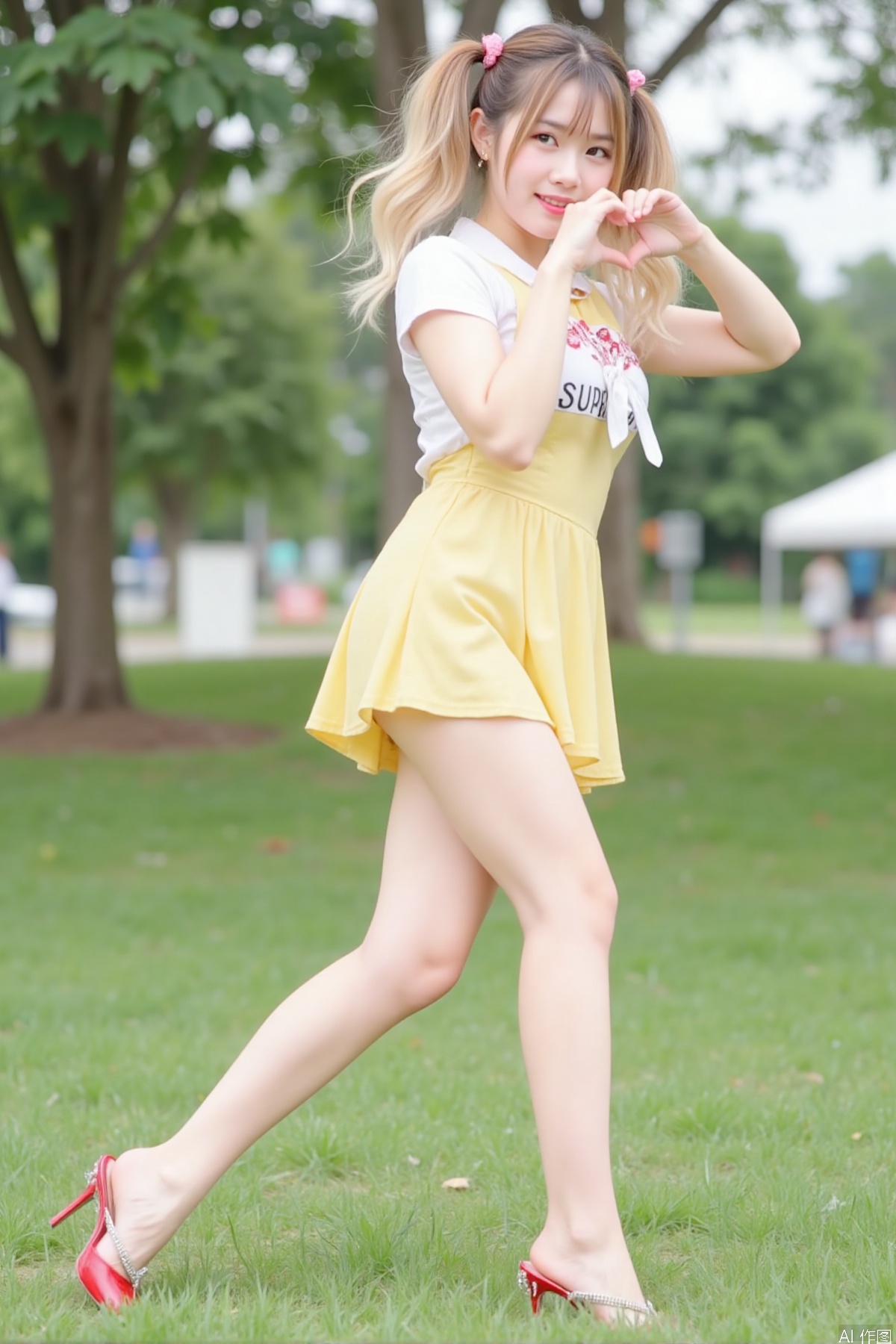 : "1girl,black red hair,yellow dress， school_uniform, miniskirt,t_shirt
(dynamic leg stretch:0.8), (red highheels:1.6),
), (leg muscle definition:1.6),
(sunlit legs:0.6), (blonde twintails:1.3),
((low angle仰拍:1.8)), ((shallow depth of field:1.9)),
((soft grass background:1.6)), ((subtle sweat shine:1.7)),
cheerful expression, heart hands  on head,
vibrant colors, realistic skin ,
cinematic lighting, particle effects,
football
(full_body:1.5)
from side