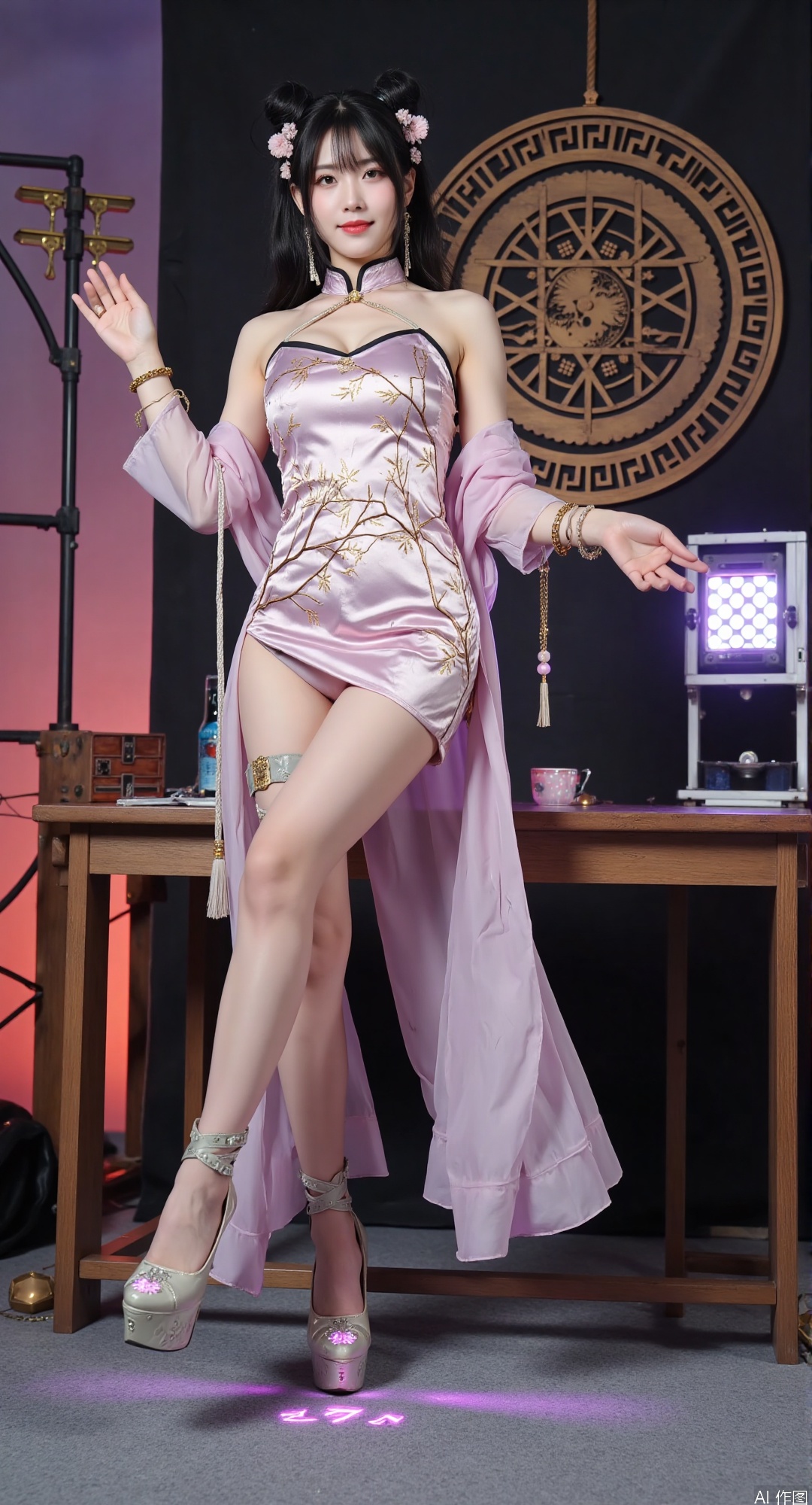 A detailed and vivid image of an 18-year-old girl dressed in cyber-Tang fusion attire with a strong emphasis on unique and futuristic elements. The attire features a modified cross-collar robe with a weight of 1.5, adorned with peony biomechanical embroidery that glows through cracks, having a weight of 1.6. The wind-torn sleeves, with a weight of 1.4, reveal hydraulic joints with golden filigree, weighted at 1.5.
She is wearing silk thigh-high stockings with a weight of 1.7, and interlocked dragon-gold garters that cast subsurface scattering in #FFD700 hues, with a weight of 1.6. Bioluminescent meridians, with a weight of 1.6, map acupuncture point constellations, weighted at 1.4. There is a leg chain system with a weight of 1.5, which includes:
Jade bi discs engraved with 28 lunar mansions, with a weight of 1.4.
Bronze fenghuang pendants with enamel cloisonné, having a weight of 1.3.
Silk tassels dyed wisteria purple, with a weight of 1.2.
Instead of the previous boots, she now sports high-heeled shoes with a design that complements the overall cyber-Tang aesthetic. These high heels might have a sleek silhouette, perhaps adorned with bronze cloud rivets similar to the previous boot design (weight 1.4) and featuring star chart treads (weight 1.3) on the soles, giving a sense of both elegance and technological prowess.
The girl is in a forward-thrust stomping pose with a weight of 1.6, creating celadon shockwave cracks, weighted at 1.5, and shattered porcelain debris, with a weight of 1.4, clinging to hexagonal anti-slip patterns, having a weight of 1.3.
The background showcases an apocalyptic Tang sky with a weight of 1.6, containing a quantum yin-yang vortex that emits #6A0DAD and #00BFFF auroras, with a weight of 1.7. Collapsing pagoda pillars, with a weight of 1.4, refract neon glaze projections onto her legs, having a weight of 1.5.
The lighting setup is a three-point lighting system with a weight of 1.6, including impact glow, celestial rays, and neon corrosion. The image is captured from an extreme low angle of 0.2m with a weight of 1.6, using a 14mm fisheye lens with a weight of 1.5 and a k1=0.6 distortion. There is motion blur with a weight of 1.4 on the bamboo storm deflection, having a weight of 1.3, and nanobot repair trails along stress lines, with a weight of 1.5.
face blur