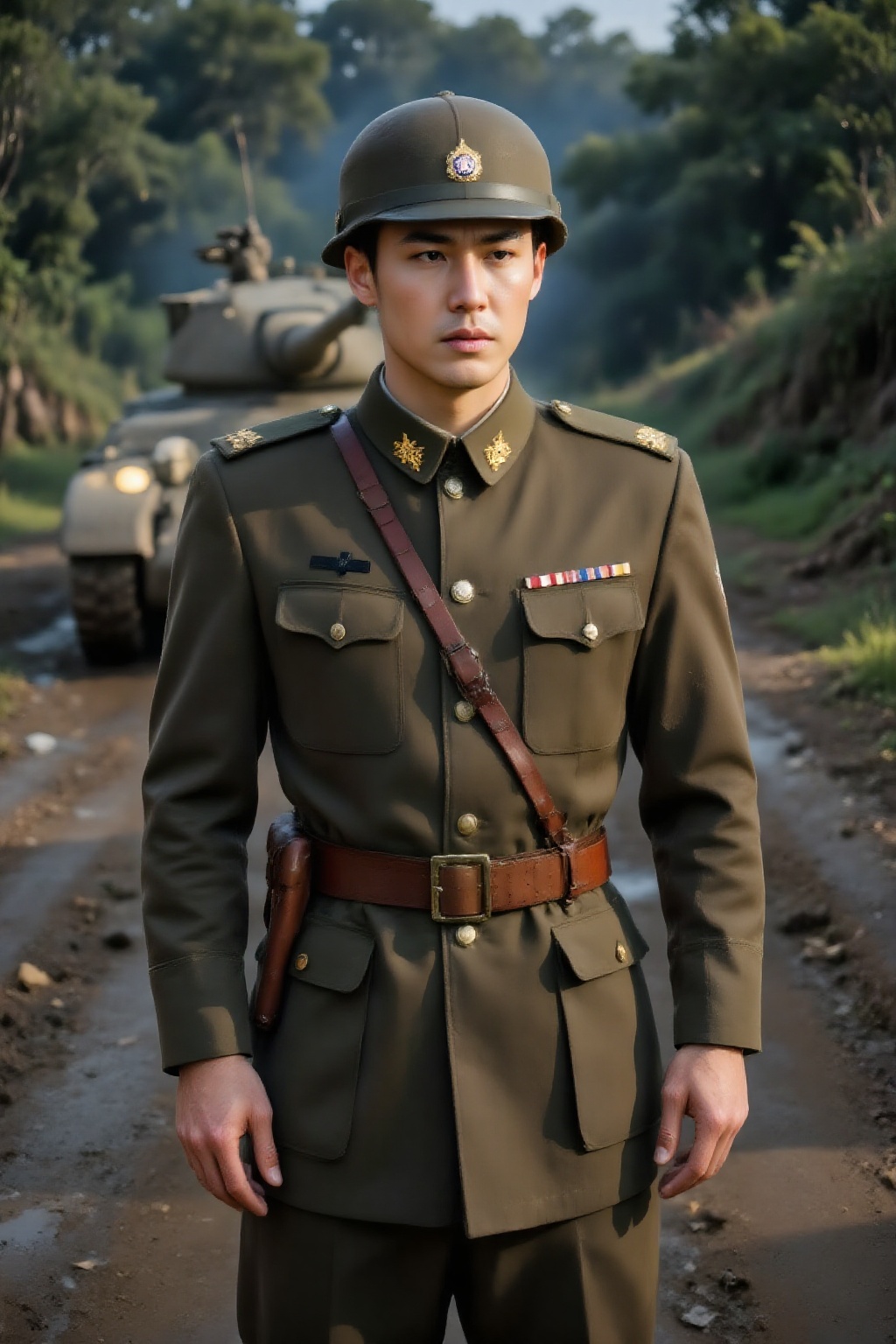 Top quality. Inspiration: WWII military uniforms. Image content: A tall,  upright man stands alone,  serious-looking on Te...