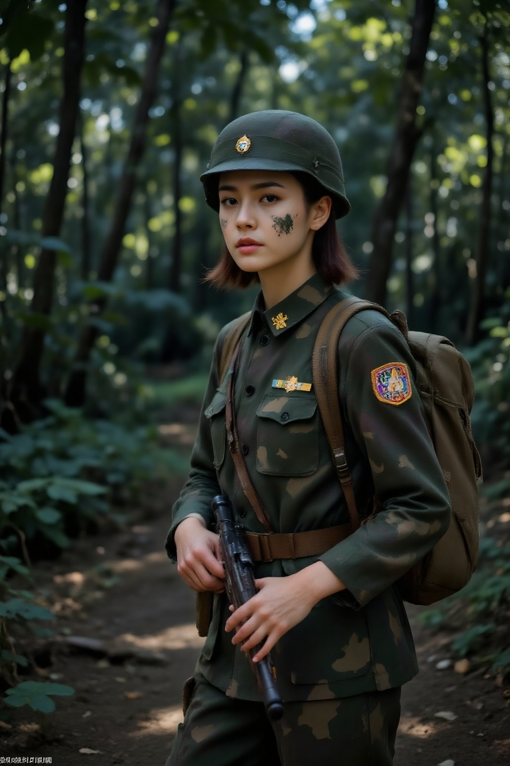 Top quality. Inspiration: WWII military uniforms. Image content: A tall,  slender woman,  alone and serious on Tensor.Art