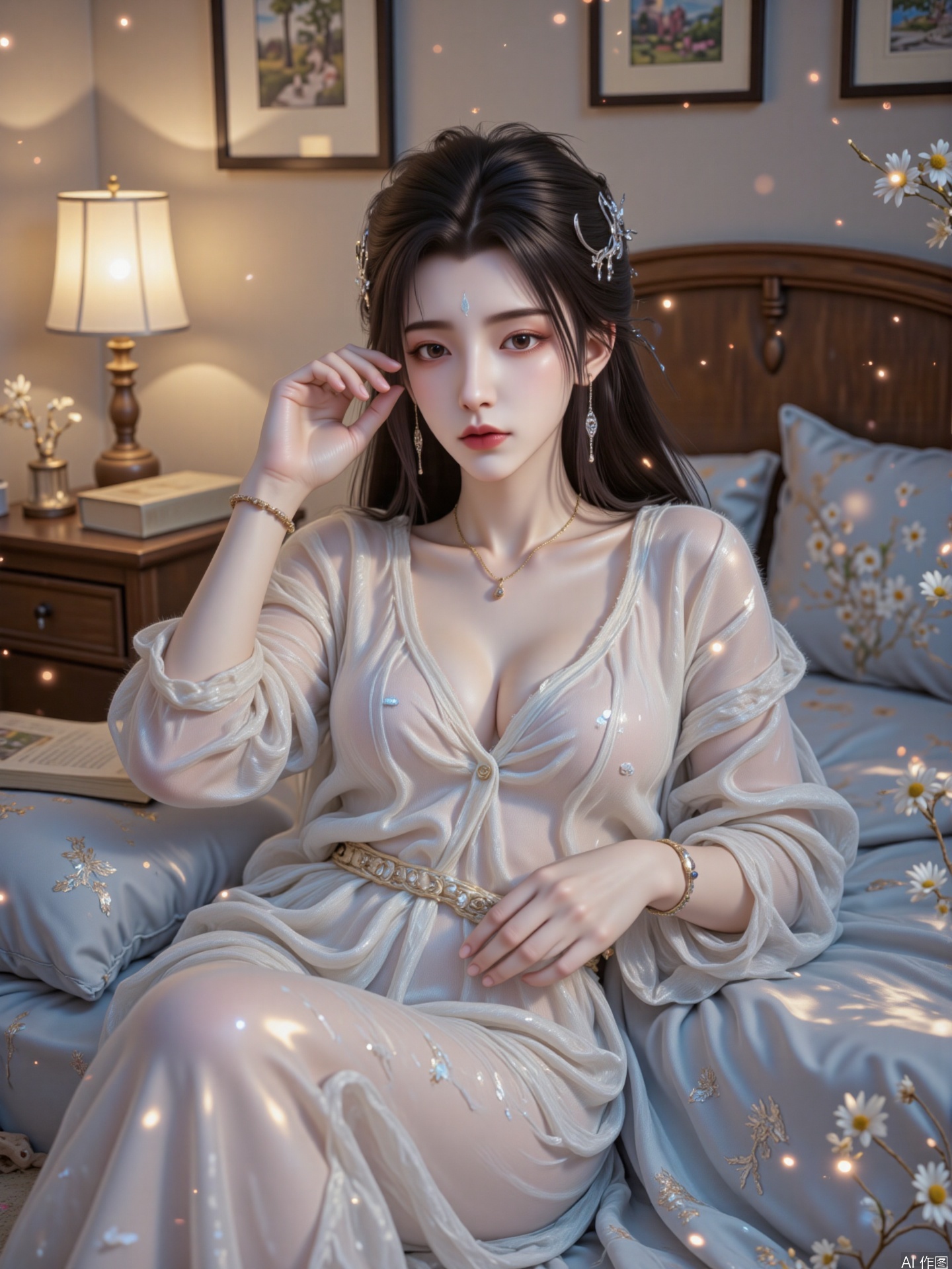 In a warmly decorated bedroom,  a girl about 22 years old was lying lazily on the bed,  her eyes catching her face through...