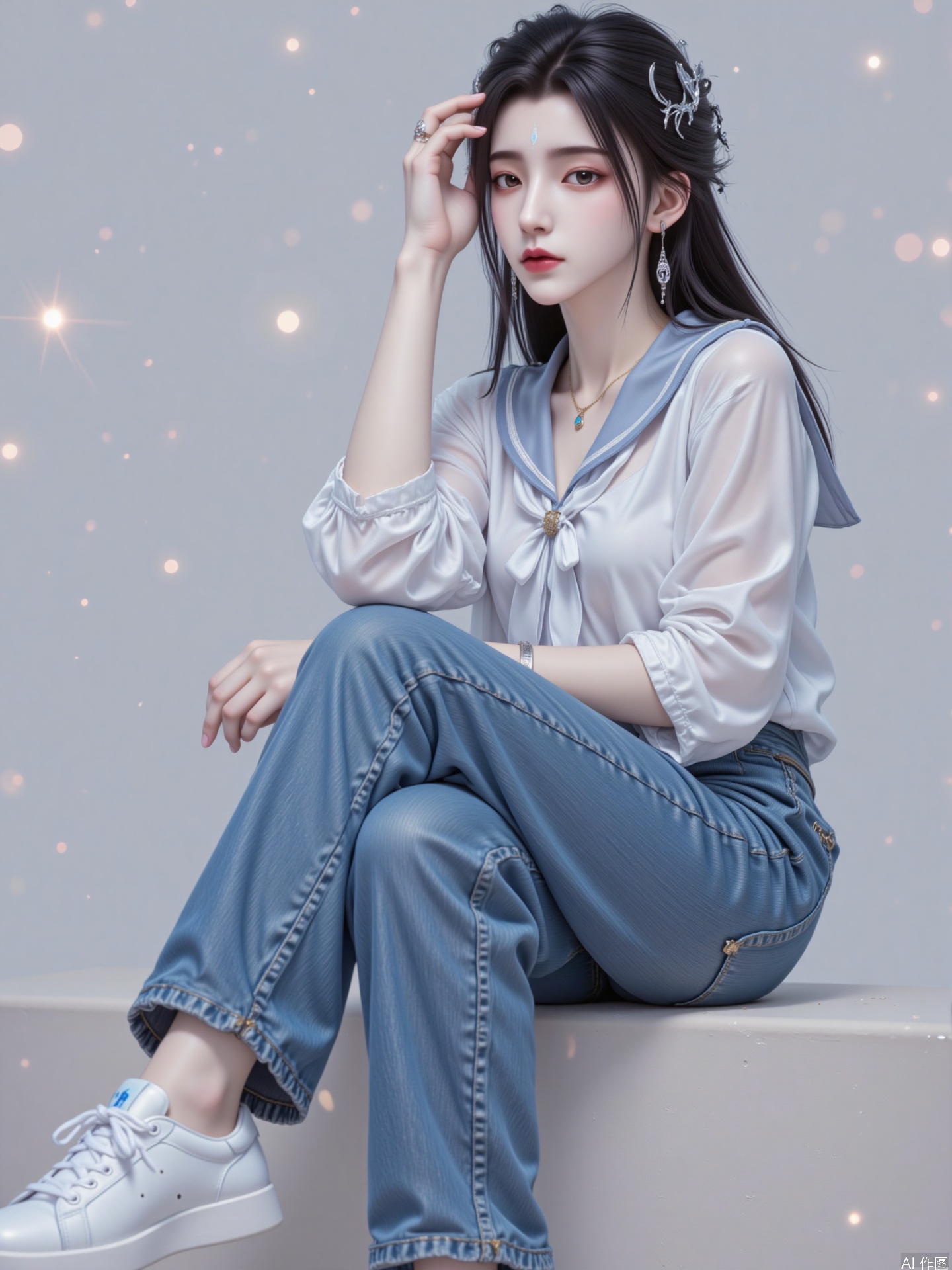 1girl, solo, long hair, looking at viewer, blue eyes, brown hair, shirt, black hair, bow, jewelry, sitting, closed mouth, school uniform, full body, white shirt, earrings, shoes, pants, sailor collar, necklace, lips, head tilt, makeup, white footwear, denim, sneakers, jeans, realistic, blue pants, red lips, no socks