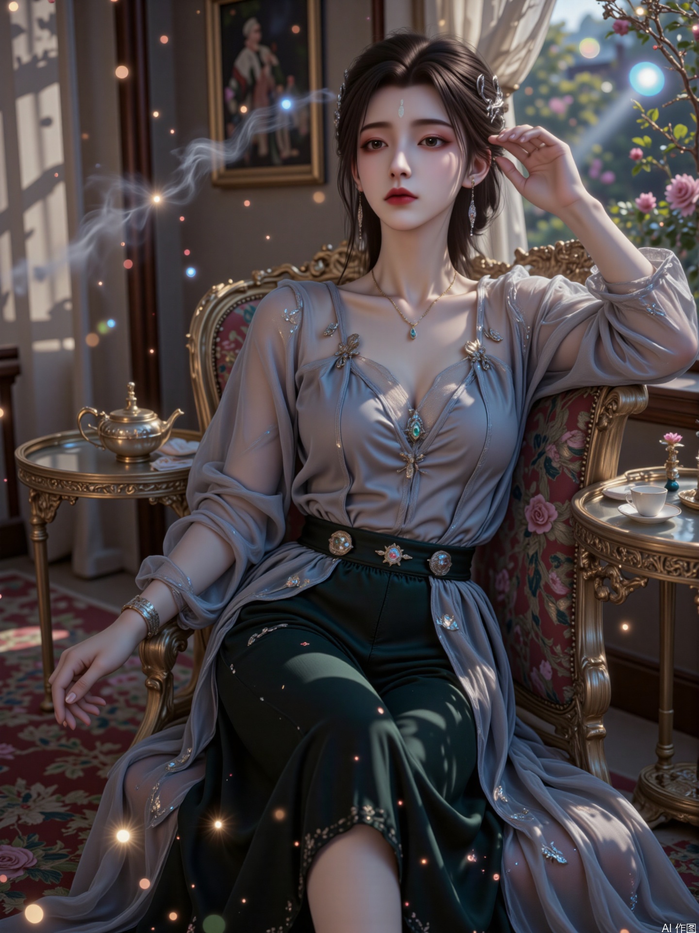 A 20-year-old lady in a haute couture suit leans on a gilded armchair, showing the perfect cut of a gray-blue silk shirt and dark green velvet high-waist wide-leg pants from the front. The shirt uses mother-of-pearl buttons, two exposed diamond collarbone chains are casually unbuttoned at the neckline, velvet wide-leg pants with draped trousers swipe the black crocodile high heels, and the emeralds inlaid on the tips complement the jade bracelets on the wrist. She tied her long linen hair into a low bun, and the broken diamond hairpins were arranged in a crescent shape along the hairline, and the water-drop-shaped pearl earrings around her ears reflected a cold luster as she turned her head.
The morning light casts mottled light on her right cheek through the lace curtains, the 45-degree main light source on the left highlights the natural wrinkles of the silk shirt, and the reflector on the right brightens the small mole deliberately faded with concealer under the eyes on the left. The makeup is based on a matte base, and the metallic eye shadow is smudged into a fan shape at the end of the eye. The burgundy matte lip gloss outlines the full lip shape. The highlights of the nose tip and cheekbones are made of fine diamond powder, which will refract colorful halos from specific angles. She held the diamond-inlaid cigarette holder in her right hand and sucked it lightly on the back of the chair with her left hand. The snake-shaped gold watch on her wrist forms a material contrast with the velvet fabric on the armrest of the sofa.
The Rococo style living room in the background is covered with gilt decoration, the crystal chandeliers on the ceiling sprinkle diamond-shaped spots, and the floral patterns on the Persian carpet echo the jacquard patterns of the curtains. The silver tea set on the glass tea table on the right was steaming, and the gold-patterned pattern on the edge of the cup and saucer was in harmony with the broken diamond nail art on her nails. The antique clock on the left shows ten o'clock in the morning, and a neatly trimmed rose garden can be seen outside the window, and the fountain forms a rainbow halo in the sun. The whole picture is presented in a neoclassical realistic style, and the 4K lens captures the fleece texture of velvet fabric and the cutting details of diamond jewelry, strengthening the exquisite atmosphere of aristocratic life through the contrast of warm and cold tones.
