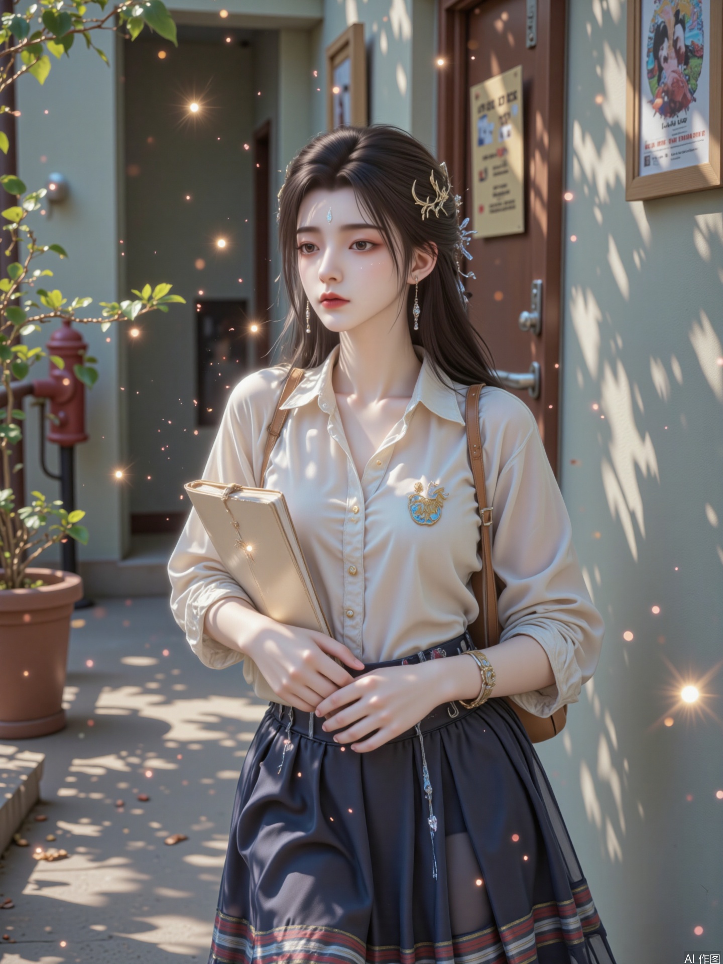 A 17-year-old East Asian girl in a classic American school uniform is standing in the sunny campus corridor, with a frontal perspective clearly showing the perfect match of an off-white cotton POLO shirt and a navy plaid pleated skirt. The collar of the POLO shirt is slightly open to reveal its collarbone, the left chest is embroidered with a golden school badge, and the red and blue stripes on the cuffs echo the plaid waist of the same color on the waist. The high-waisted A-line skirt is supported by three layers of hard yarn. The curvature of the skirt hem just reveals the socks of the white mid-tube socks. The fluorescent yellow lightning pattern embroidered at the socks is in harmony with the white canvas shoes under your feet.
She tied her long black hair into a high ponytail, curled her hair inwardly and slightly raised, and used a styling spray to tidy up her natural airy feeling. The hair rope was made of plaid ribbons in the same color as her waist. The makeup is based on clear and transparent skin, and the coral blush swept from the apple skin to the end of the eyes. The peach-colored mirror lip gloss is shining with a natural luster. The distinctive mascara is paired with wild eyebrows. The pearl earrings on the left ear refract the soft halo under the side light.
The noon sunlight casts rectangular light spots on the ground through the corridor window. The main light source on the left forms a soft gradient on the right cheek, and the reflector on the right light illuminates the small mole under the left eye. The natural wrinkles of the cotton POLO shirt and the three-dimensional tailoring of the pleated skirt are revealed in 4K lenses, and the highlights of the hair ends and the dust floating in the air form a Tindal effect. She held the leather notebook with her hands crossed her hands, the braided hand ropes on her wrists and the metal buckles on the backpack straps sounded lightly to each other, the confetti scattered around her feet and the fuel poster on the locker in the distance form a youthful background.
There are wooden school motto signs hanging on the light green wall in the background, there are yellowed dance notices on the fire hydrant on the right, and the leaves of the green ivy in the pot on the left tremble in the breeze. The whole picture is presented in an American campus realistic style. Through high saturation colors and dynamic capture, it not only retains the classic texture of the school uniform, but also highlights the fur details at the whirlpool when the girl bows her head and the wrinkle texture of the skirt hem being blown by the wind.