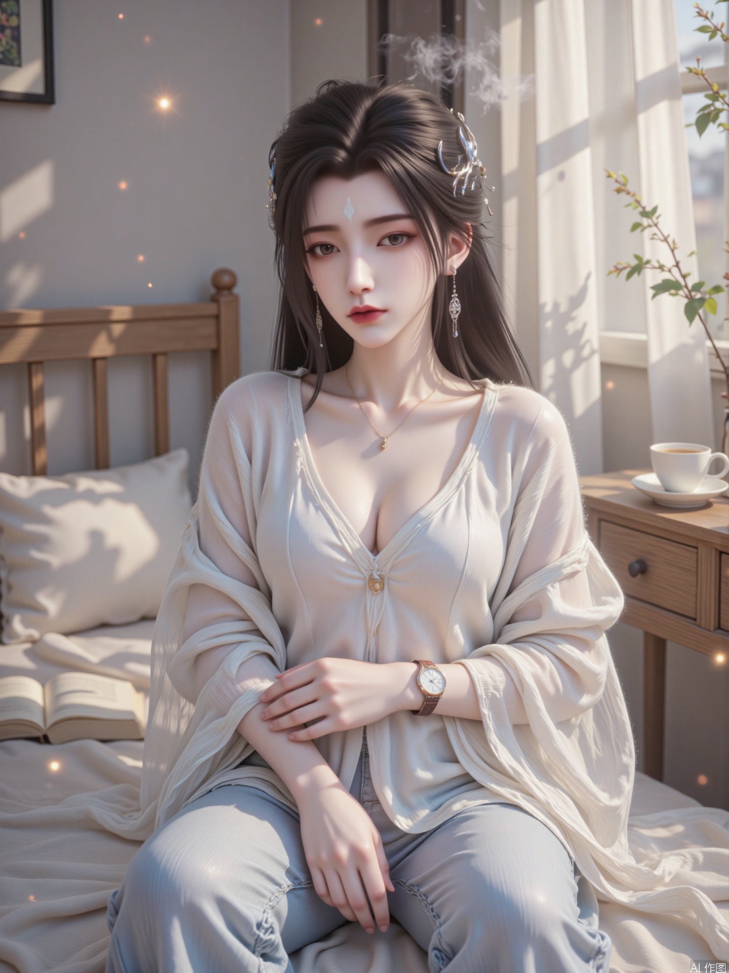 In the sunny bedroom, a innocent girl is kneeling on the soft carpet, staring at the camera. She was wearing a white loose knitted sweater, the fabric was soft and comfortable, perfectly outlining her pure body curves. The neckline of the sweater is simple, revealing the delicate collarbone lines, and the cuffs are slightly rolled up to reveal the slender wrists. The lower body is paired with a pair of light blue jeans, and the smooth tailoring of the trouser legs set off the slender legs.

Her long hair was naturally spread over her shoulders, with slight waves at the ends, shining with a healthy luster in the sun. A few strands of hair were gently blown up by the breeze, swaying gently beside the cheeks, adding a bit of playfulness and vitality. Her face is pretty, her eyebrows are unmodified, and she maintains a natural curve. Her eye makeup is almost invisible. She only lightly brushes a layer of mascara at the base of her eyelashes, making her already bright eyes clearer.

Her nose bridge is straight and the tip of her nose is slightly upturned, with a bit of playfulness. The natural blush on the cheeks echoes the lip color. The lip makeup is made with bean paste powder that is close to the natural lip color, which is moist and translucent. Little pearl studs were worn on the earlobe, and a soft sheen in the sun. She wore a simple leather watch on her wrist, and the strap was a little worn, but it looked particularly real.

The background is a bedroom full of life, with high-end silk sheets on the bed, and a cup of steaming black tea and an open hardcover book on the bedside table. The sunlight outside the window sprinkles in through the white gauze curtains, forming mottled light and shadow on the floor, and the shadows of several leaves sway gently in the wind. The air was filled with a faint fragrance of tea and the warmth of sunshine, and the crisp chirping of birds came from afar, as if adding a hint of vitality to this quiet moment.

She stared at the camera head-on, her eyes soft and firm, a shallow smile raised at the corners of her lips, revealing her neat and white teeth. Her posture is relaxed and natural, and every detail shows the ordinary and beautiful in real life.

The whole picture has soft colors and rich light and shadow levels. The texture of the clothing shows delicate changes in the light, and the softness of the knitted sweater, the crispness of the jeans, and the warmth of the sun are perfectly presented. The blurred background highlights the character's subjective position and creates a fresh and poetic atmosphere.