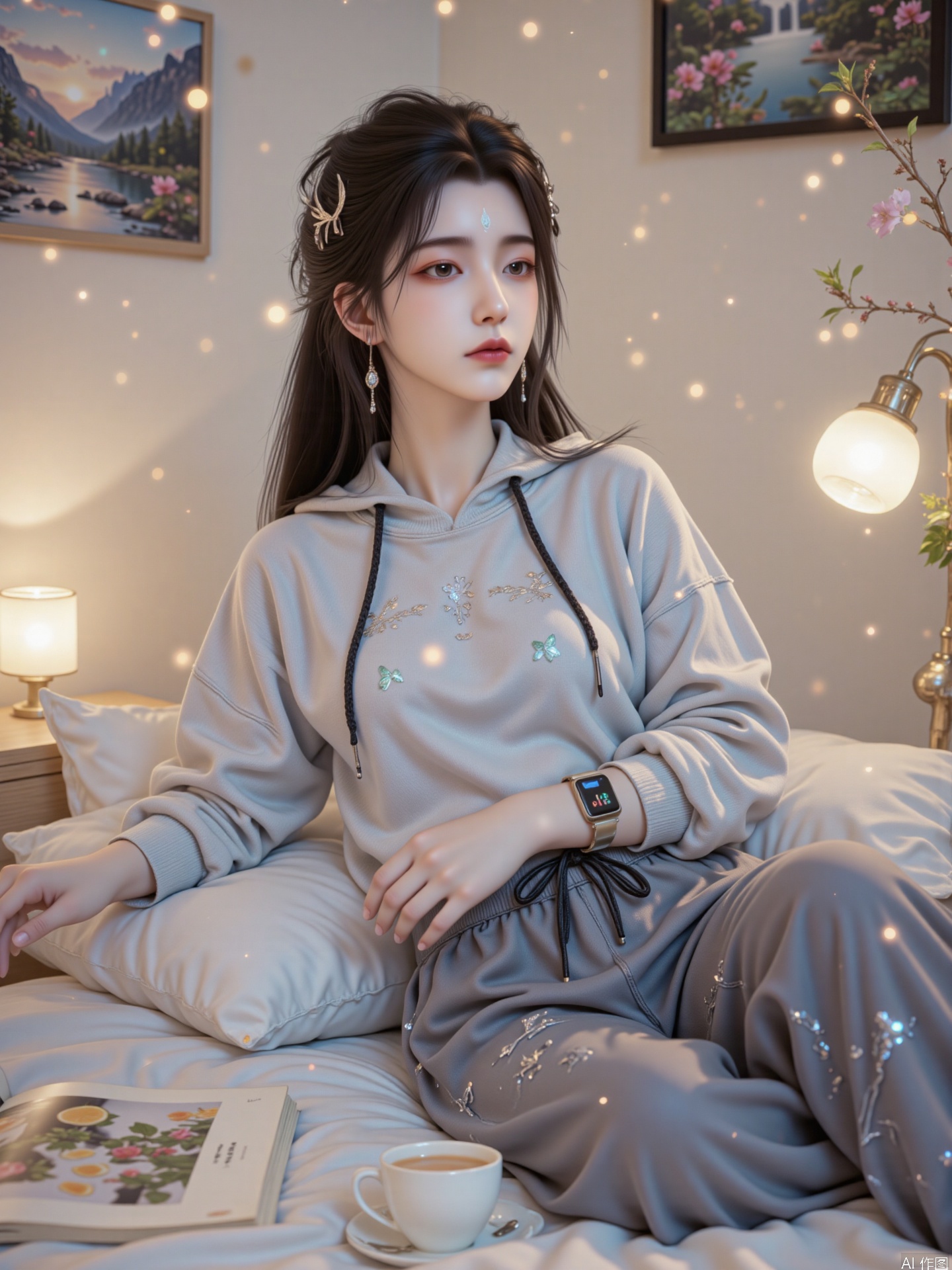 In a bedroom full of Nordic simple style, a girl in her 20s was lying comfortably on the bed, her eyes shining through the camera, as if she wanted to introduce the viewer into this peaceful world.
The girl was wearing a light gray pure cotton sports casual outfit, the top was a loose hooded sweatshirt, and the drawstring on the hat was tied with two small furry white balls, which were playful and cute. The neckline of the sweatshirt is a half-high round neck, which not only resists a little coolness, but also cleverly highlights the lines of her slender neck. A simple black abstract pattern was printed directly in front of the clothes, like a mysterious Nordic rune, adding a touch of low-key artistic sense to the whole. The cuffs and hem are closed, with moderate elasticity and tightness. Under the slightly rolled up cuffs, her slender and jade-like wrists are exposed. She is wearing a smart sports bracelet on the wrist. The strap is refreshing mint green, and the screen emits a faint blue light, recording her daily exercise data and demonstrating her energetic attitude towards life.
The bottom is a pair of sports trousers of the same series. The fabric is slightly elastic, perfectly fitting the curve of the legs, making the legs look straight and agile. The legs on the trouser legs were designed with black braided ropes, with several small silver beads dotted between them, and as she turned over and moved on the bed, she made a slight pleasant collision sound. A wide black drawstring belt was tied around her waist. Long tassels drooped from both ends of the drawstring, hanging casually on both sides of her pants. When she sat up, the tassels swung gently, showing their agility.
The girl's long soft linen hair was tied loosely into a low ponytail, and a few strands of hair naturally scattered along her cheeks and neck, as if she was covered with a hazy gauze. Her face was fair and pink, just like the cherry blossoms that bloomed in spring. The faint pink blush swept on her cheeks, shaping out a good complexion like the sunset, spreading from the apple muscles to the temples. The eyes are like the clear Nordic ice lake. The eyes are deep blue, as if there is a sea of ​​stars hidden, and the long eyelashes are gently swelling like a feather fan. The eyeliner is carefully depicted along the root of the eyelashes. The ends of the eyes are slightly raised, as if they are a lively swallow tail, adding a bit of playfulness and charm. Her lips were like delicate rose petals, with a light pink lip gloss, moist and shiny, with natural and plump lips. The corners of her mouth were raised, showing a sweet smile, which met the eyes looking at the camera, as if the whole room was brightened by her.
The bed is covered with pure cotton bedding as white as snow. The quilt cover has a light blue snowflake pattern that is faintly visible, simple and exquisite, as if the fine sunlight shining through the clouds in winter, giving people a sense of tranquility and purity. The bed sheet is flat and smooth. When the girl lies half lying on her side, her body is slightly sunk into it. The pillow behind her is full and elastic. The pillowcase is dark gray, which contrasts with the overall light color. It is embroidered with simple white geometric figures, adding a bit of modernity to the picture.
The white wooden bedside table next to the bed is placed with some small objects with a strong sense of life. A white glass table lamp with a unique shape, the lamp post is spiral, the lampshade is hemispherical, and the light emits a soft warm yellow light from the lampshade, which evenly sprinkles on the girl's face, outlining every detail of her face, making her face look softer in the interweaving of light and shadow. There was a cup of steaming herbal tea next to the desk lamp. The tea cup was made of transparent glass. Through the cup, you could see the colorful flowers and plants inside, including golden lemon slices, bright red rose petals, and green mint leaves. They stretched and rolled in the hot water, emitting a fresh and pleasant fragrance, blending with the faint body fragrance of the girl, and permeating the entire room. There is also a fashion magazine with a simple cover design. The pages opened by the magazine show the popular outfits and tourist attractions of the season. Girls occasionally read in their spare time to draw inspiration and enrich their lives.
The walls of the bedroom are painted light beige, and several large natural scenery photography works are hung on the walls, including spectacular Norwegian fjords, quiet Finnish forests, and dreamy Icelandic aurora. These photos make people immersive, as if you can appreciate the magnificent Nordic scenery without leaving home, injecting a strong artistic atmosphere into the room. The floor is covered with a light brown wooden floor. The floor has been polished and smooth and smooth, with a warm luster. When the girl walks barefoot, she can feel the stability and warmth under her feet. In such a warm and comfortable environment, the girl was wearing this casual outfit, lying leisurely on the bed, looking at the camera firmly, freezing this lazy and beautiful moment.