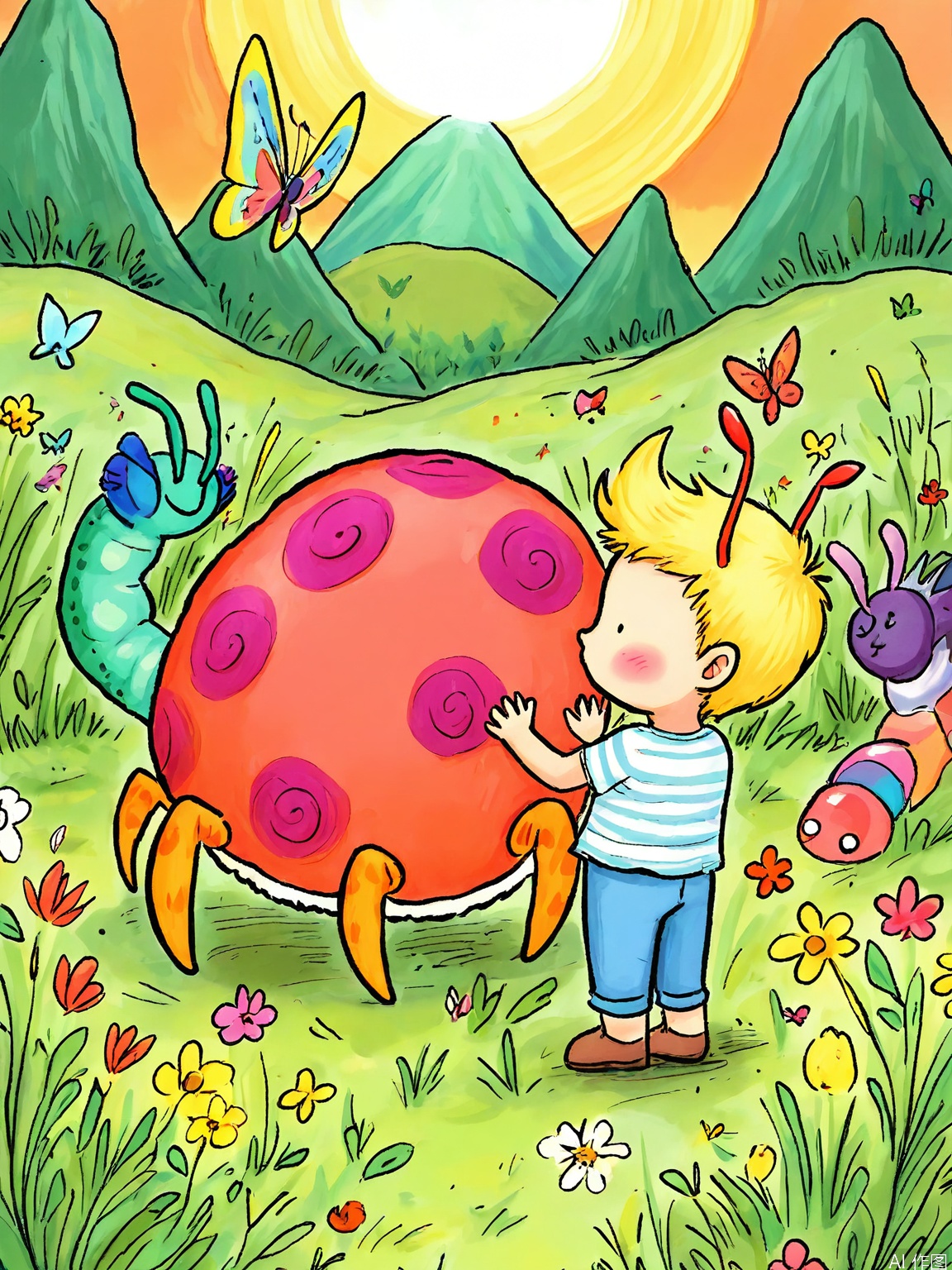 ETHB, A charming, pencil sketch in a gentle, storybook style. A young boy with tousled blond hair and a striped shirt rides a giant, friendly caterpillar through a sunlit meadow. The caterpillar's body is adorned with polka dots and its antennae wave happily. Butterflies flutter around them, and in the distance, a rainbow arches over a hill. The boy's face is alight with joy as he holds onto the caterpillar's antennae. The scene is idyllic and peaceful, capturing the innocence of childhood.