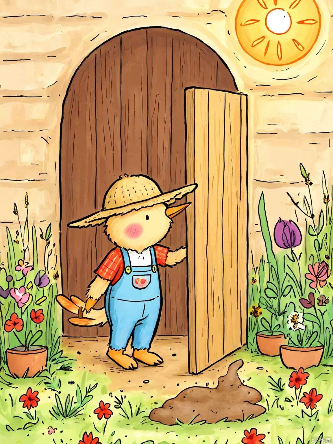 ETHB, A charming, linocut print in a rustic, folk art style. A farmer with a wide-brimmed hat and overalls tends to his garden, filled with rows of vegetables and flowers. A friendly scarecrow stands guard in the corner, and a flock of birds flies overhead. The sun shines brightly, and the farmer's face is weathered but kind. The background is a simple, earthy brown, representing the soil and the hard work of farming. The mood is one of contentment and simplicity.