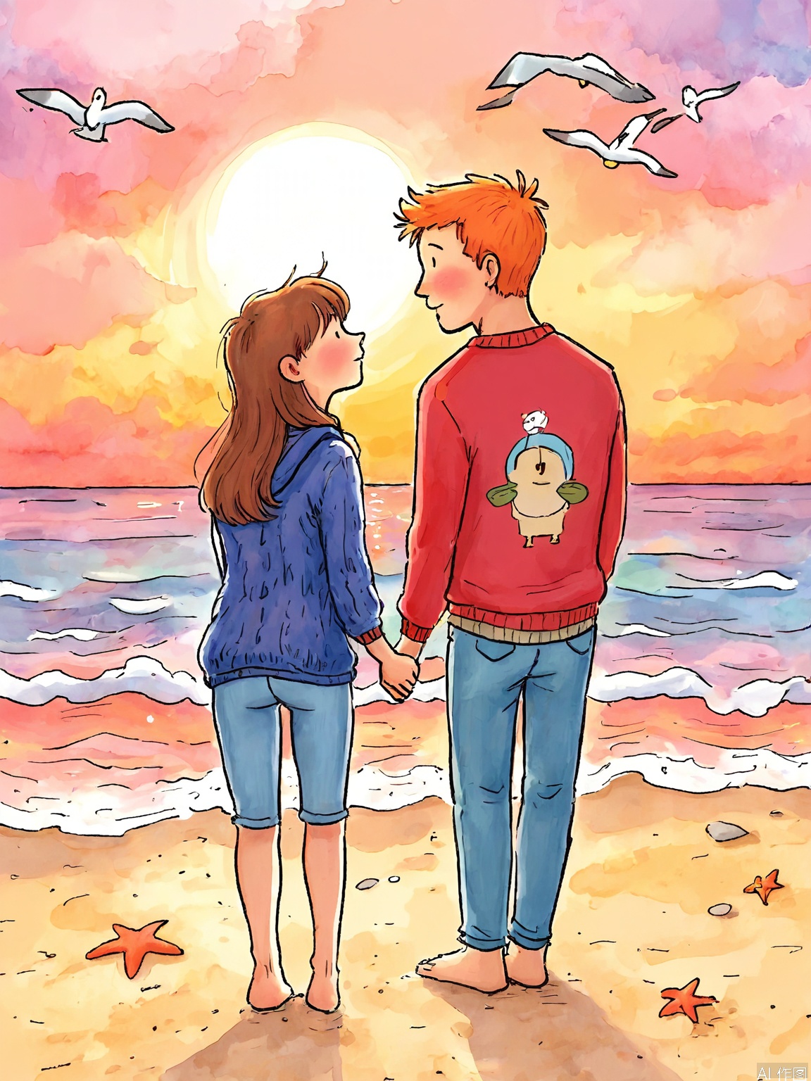 ETHB, A gentle, watercolor and pencil illustration in a soft, nostalgic style. An elderly couple, holding hands and wearing matching sweaters, walks along a sandy beach at sunset. The waves lap gently at their feet, and seagulls fly overhead. The sky is painted in hues of orange and pink, and the couple's faces are filled with love and contentment. The background is a simple, muted blue, representing the vastness of the ocean. The scene is peaceful and romantic, capturing the beauty of a lifelong bond.