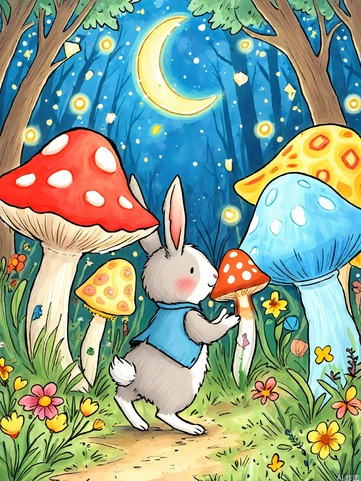 ETHB, A dreamy, watercolor painting in a soft, whimsical style. A small rabbit with fluffy gray fur, wearing a blue vest and holding a tiny lantern, hops through a misty forest filled with ancient trees and glowing mushrooms. The air shimmers with fireflies, and above, a crescent moon casts a silvery glow. The rabbit's eyes sparkle with excitement as it discovers a hidden path. The scene is serene and enchanting, inviting the viewer into a world of secrets and discovery.