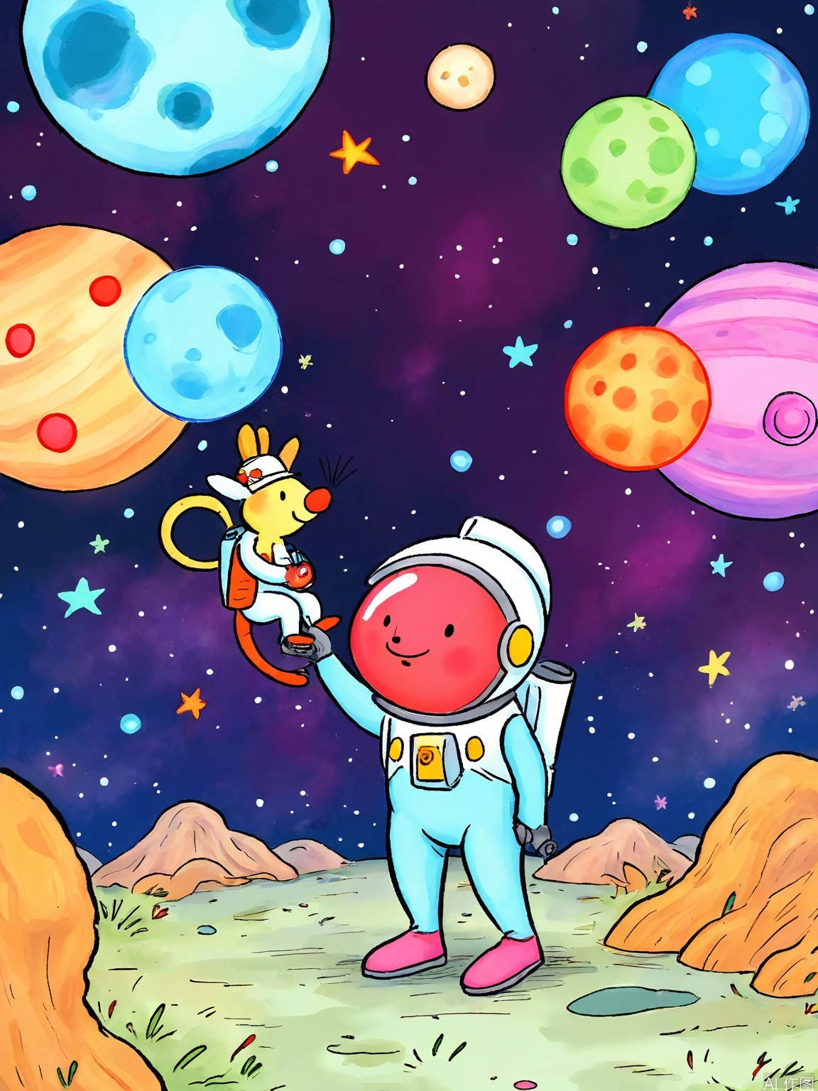 ETHB, A lively, digital illustration in a vibrant, cartoonish style. A group of friendly aliens with colorful skin and big, googly eyes zoom through space on jetpacks. They wear matching space helmets and carry ray guns, exploring a galaxy filled with swirling nebulae and twinkling stars. One alien points excitedly at a passing comet, while another laughs joyfully. The backdrop is a deep, inky black, filled with distant galaxies. The mood is one of pure, unbridled fun and adventure.
