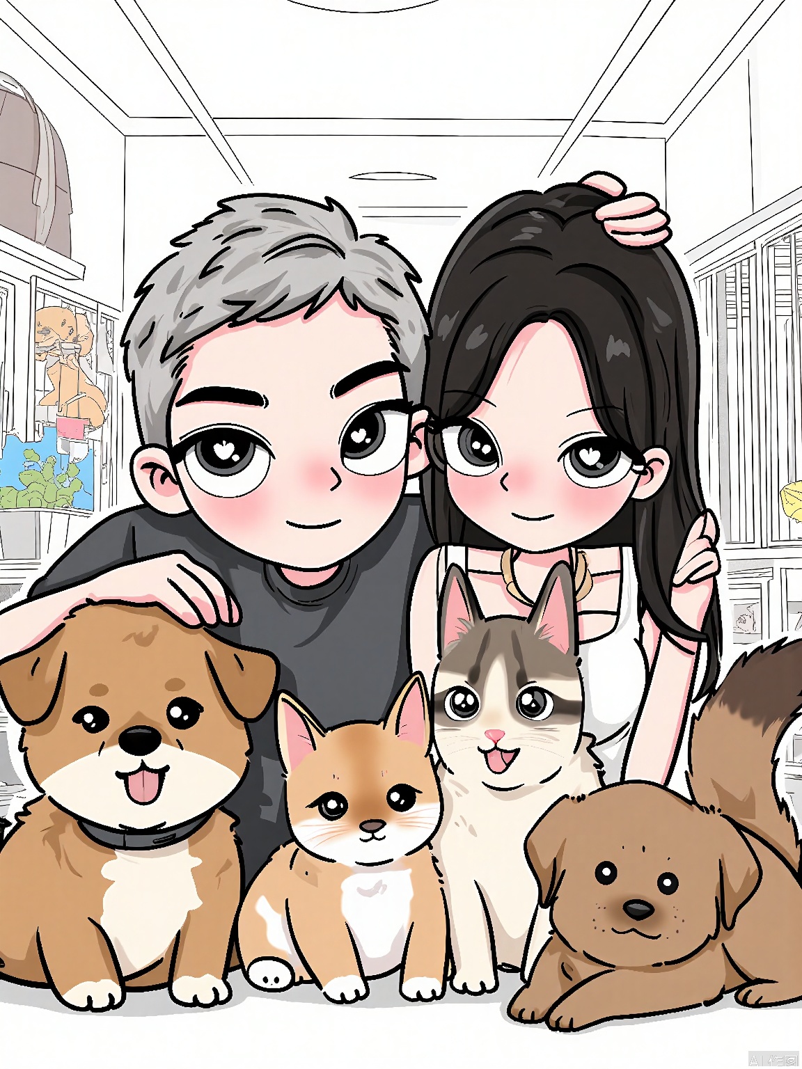 WKX, Anime-style illustration of a couple volunteering together at an animal shelter, with smiles on their faces and animals surrounding them. The man has a kind, gentle look with short, graying hair, and the woman has long, black hair tied in a low ponytail. Both have compassionate eyes and are holding puppies and kittens. A small, energetic squirrel with a bushy tail runs up their arms, seeking attention. The background is a clean, white shelter with cages and toys scattered around. The overall style is heartwarming and selfless.
