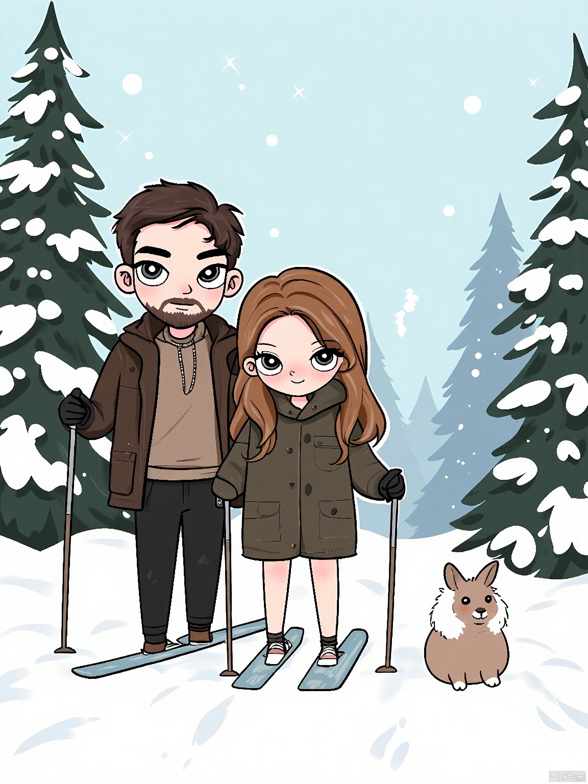 WKX, Anime-style illustration of a couple cross-country skiing through a snow-covered forest, with skis and poles. The man has a rugged, outdoorsy look with a beard and short, brown hair, while the woman has long, auburn hair tied in a braid. Both have determined expressions as they glide through the snow. A small, fluffy snowshoe hare hops alongside them, leaving tiny tracks. The background is a snow-covered forest with tall pine trees and a pale blue sky. The overall style is wintery and peaceful.
