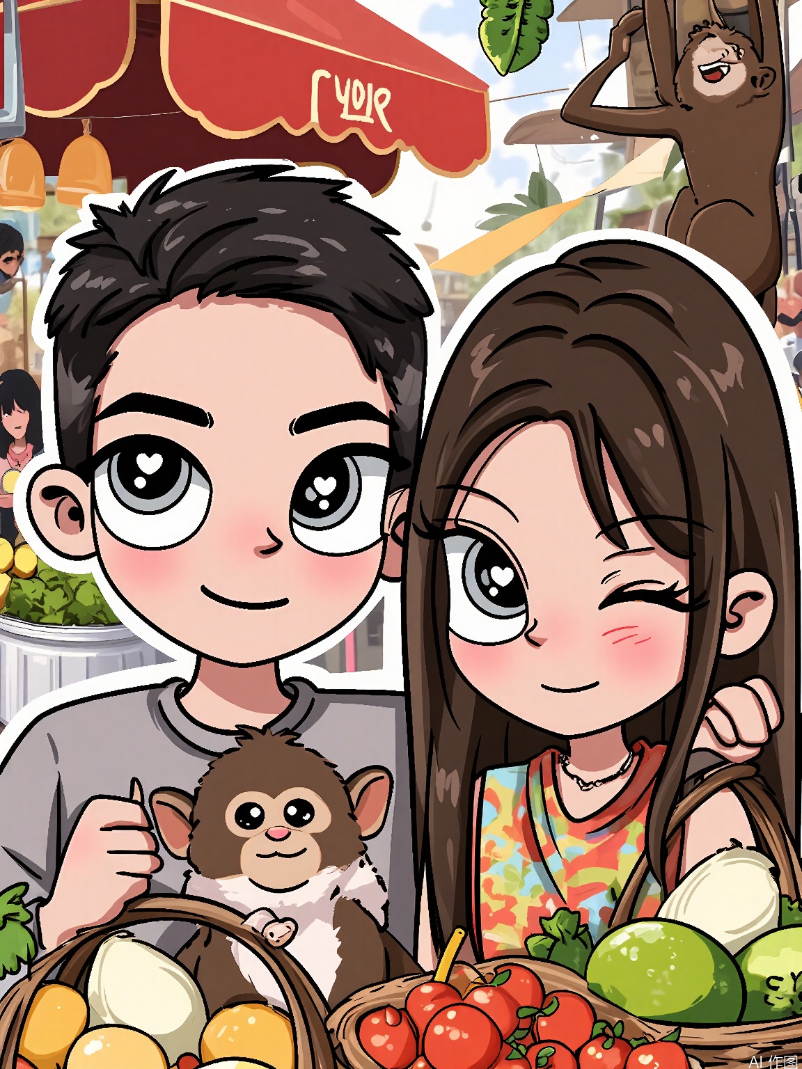 WKX, Anime-style illustration of a couple shopping together in a bustling market, with baskets in hand and smiles on their faces. The man has a friendly, approachable look with short, black hair, and the woman has long, curly hair with a colorful scarf. Both have curious eyes and are examining fruits and vegetables. A small, mischievous monkey with a tail swings from a stall, trying to grab their attention. The background is a vibrant, colorful market with stalls filled with goods and people bustling around. The overall style is lively and cultural.
