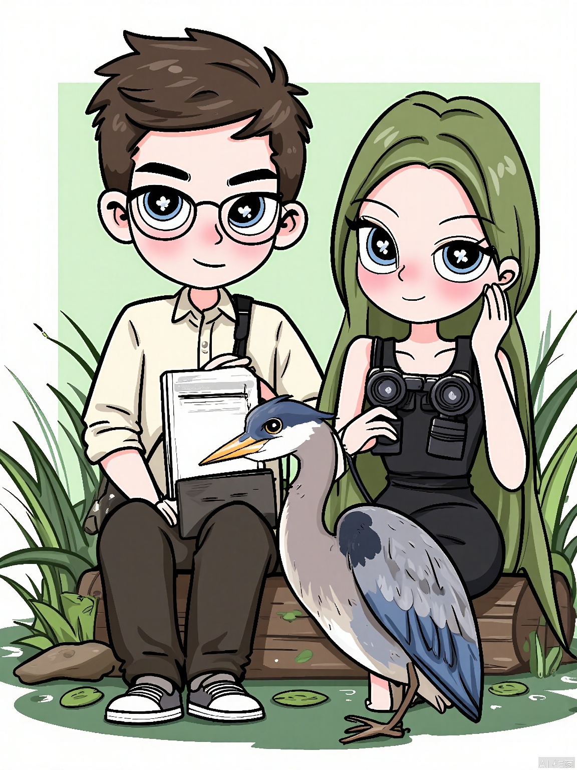 WKX, Anime-style illustration of a couple birdwatching in a marshy wetland, with binoculars and notebooks. The man has a gentle, scholarly look with short, brown hair and glasses, while the woman has long, green hair tied in a loose bun. Both have curious expressions as they observe the birds. A great blue heron stands nearby, watching them with a calm gaze. The background is a marshy wetland with reeds and lily pads. The overall style is peaceful and educational.
