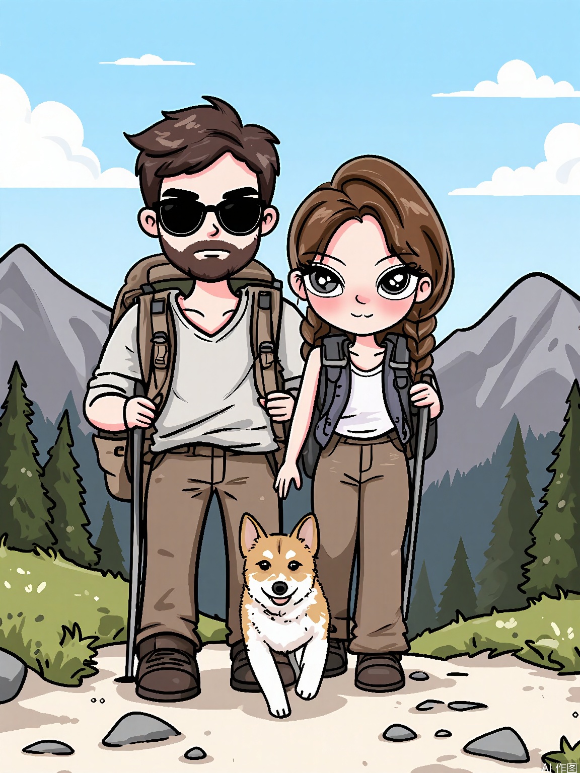 WKX, Anime-style illustration of a couple hiking in the mountains, with a backpack each and trekking poles in hand. The man has a rugged, bearded look with short, brown hair, and the woman has long, auburn hair tied in a braid. Both have determined expressions and are wearing sunglasses. A small, energetic terrier with a spotted coat runs ahead of them, exploring the trail. The background is a simple, rocky mountain path with a clear blue sky overhead. The overall style is adventurous and outdoorsy.
