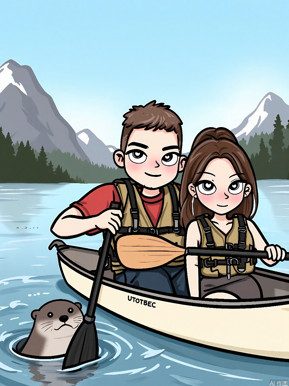 WKX, Anime-style illustration of a couple kayaking on a serene lake, with paddles in hand and life jackets on. The man has a rugged, outdoorsy look with a buzz cut and a beard, while the woman has long, chestnut hair tied in a ponytail. Both have focused expressions as they navigate the calm waters. A playful otter swims alongside their kayak, occasionally popping its head above water. The background is a tranquil lake surrounded by mountains and a clear blue sky. The overall style is peaceful and adventurous.
