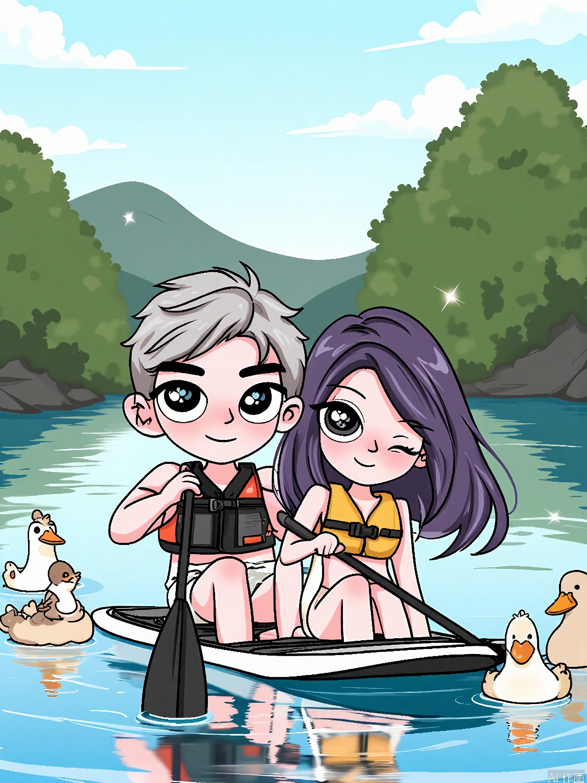 WKX, Anime-style illustration of a couple paddleboarding on a calm river, with paddles in hand and life jackets on. The man has a laid-back, relaxed look with short, gray hair, and the woman has long, purple hair flowing behind her. Both have peaceful expressions as they glide along the water. A group of ducks swims alongside them, quacking softly. The background is a serene river with lush green banks and a clear blue sky. The overall style is tranquil and serene.
