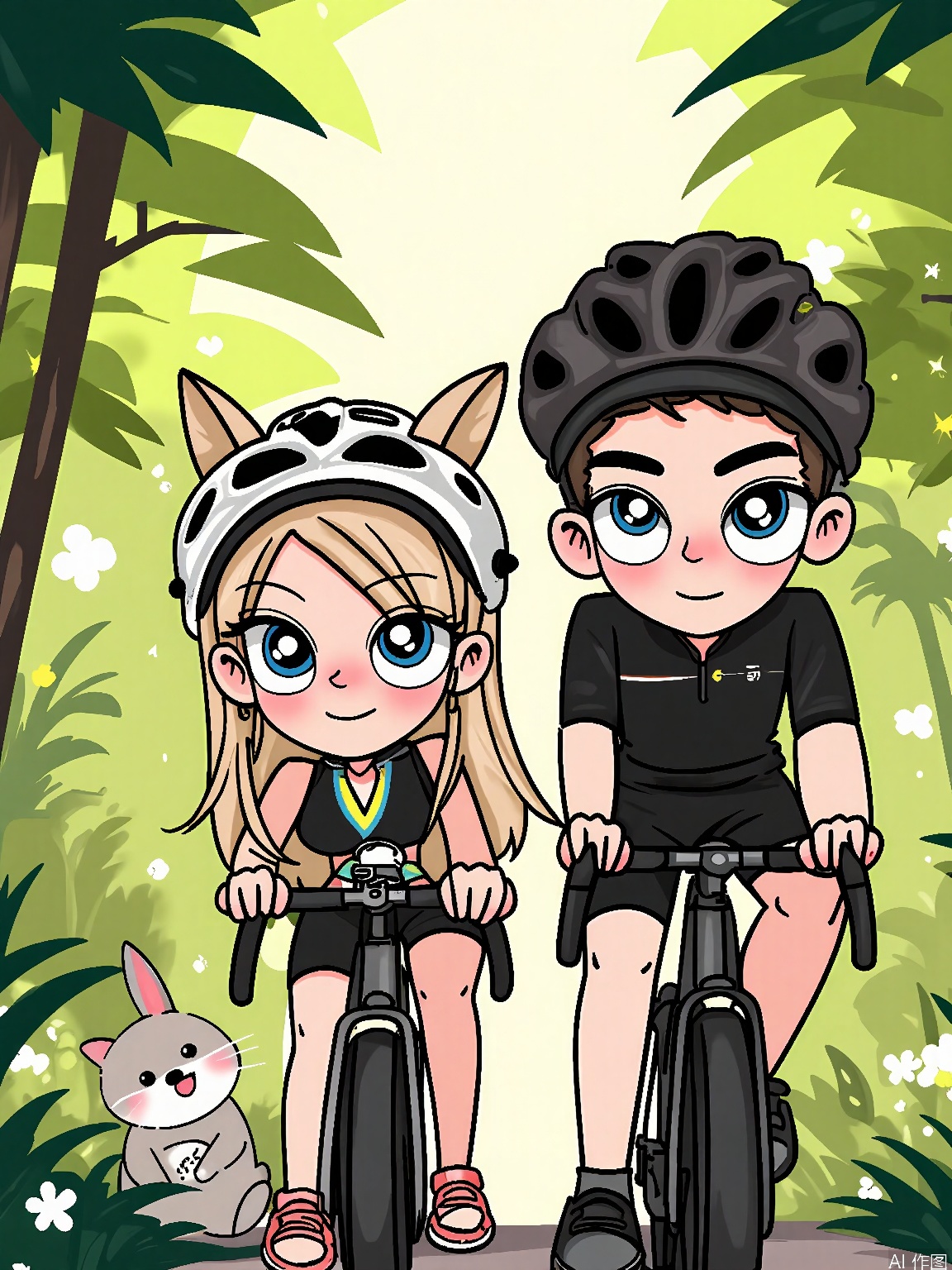 WKX, Anime-style illustration of a couple cycling through a sunlit forest, with helmets on and determined smiles. The man has a lean, athletic build with short, black hair, and the woman has long, blonde hair flowing behind her. Both wear vibrant cycling jerseys and hold onto their handlebars tightly. A small, fluffy white rabbit hops alongside them, occasionally darting into the underbrush. The background is a lush, green forest path with rays of sunlight filtering through the trees. The overall style is energetic and nature-loving.

